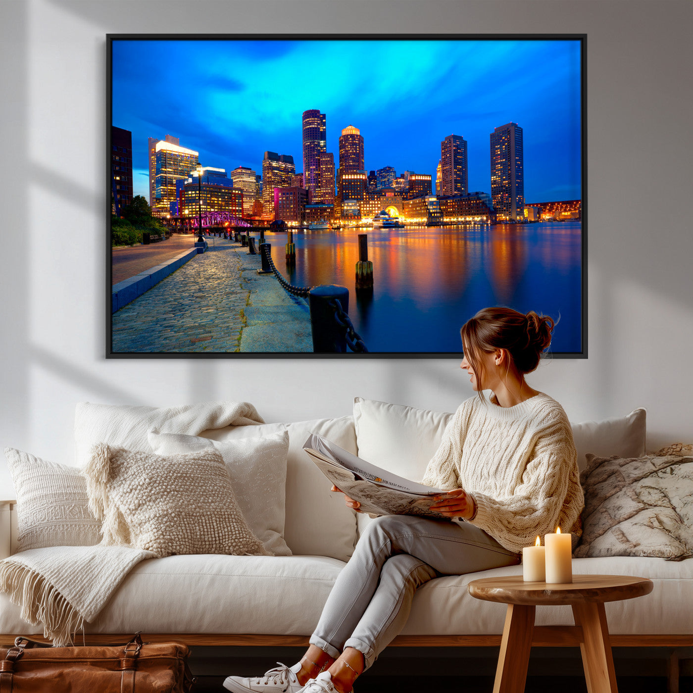 69619565-MGV-CV-36X24 - Boston Wall Art Canvas Print, Boston City Downtown Night Cityscape Print for Modern Urban Wall Decor