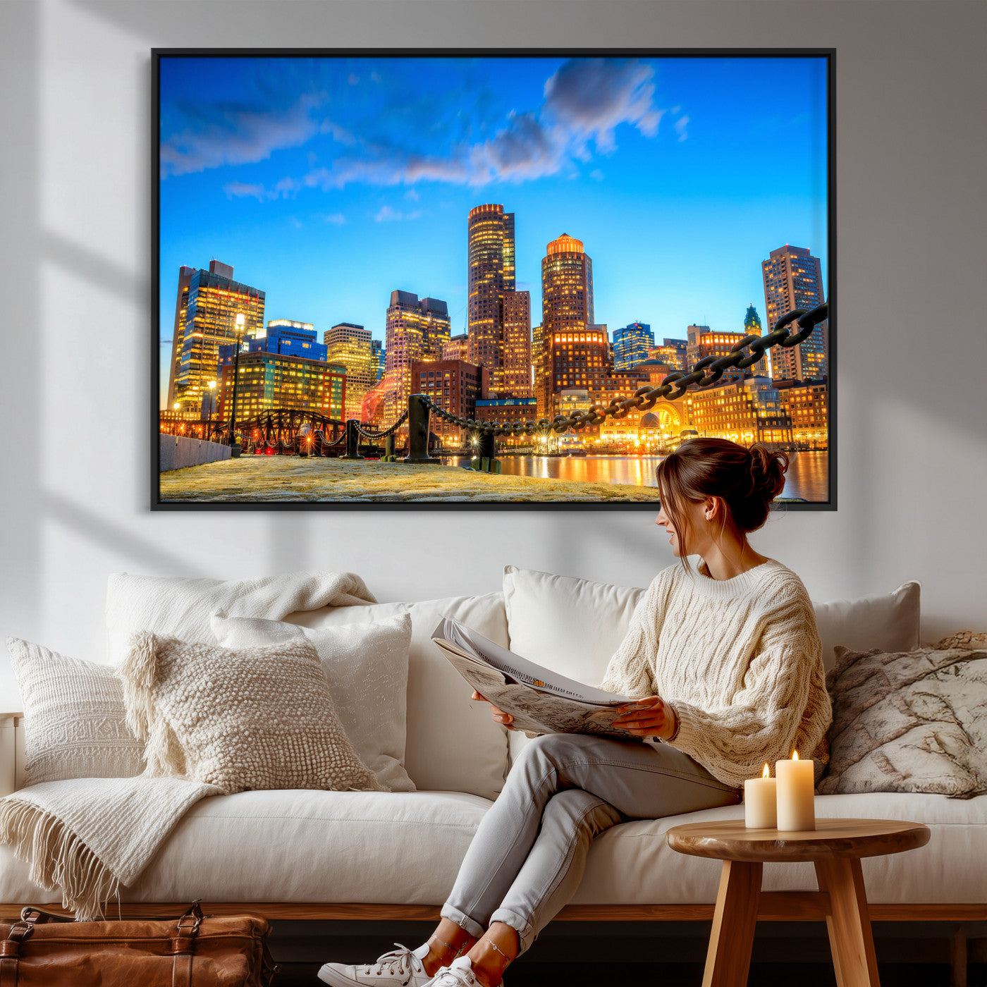 46736409-MGV-CV-36X24 - Boston Wall Art Canvas Print, Boston City Downtown Night Cityscape Print for Modern Urban Wall Decor