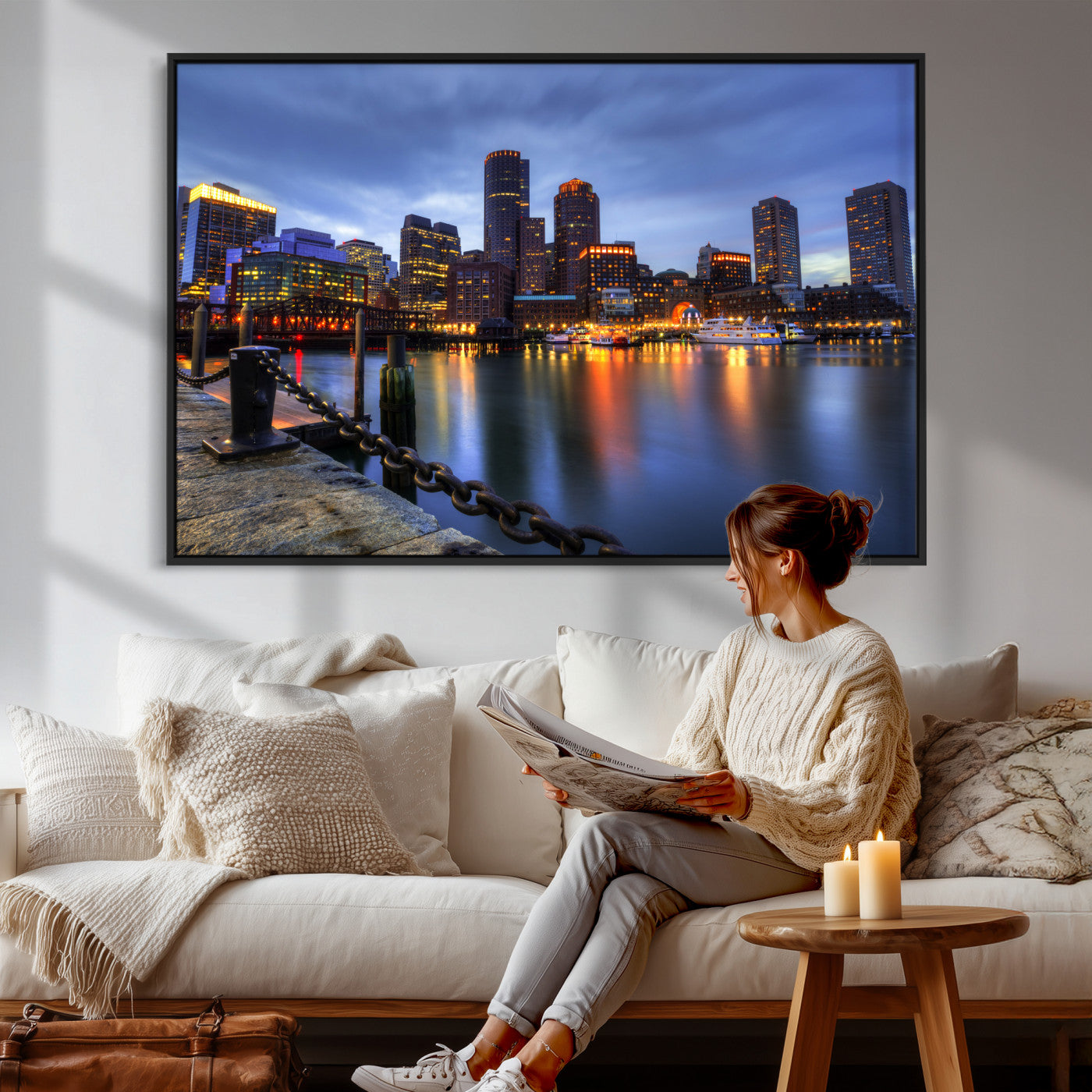 82439622-MGV-CV-36X24 - Boston Wall Art Canvas Print, Boston City Downtown Night Cityscape Print for Modern Urban Wall Decor