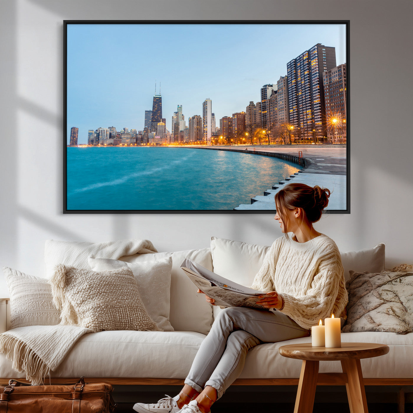 66780141-MGV-CV-36X24 - Chicago Wall Art Canvas Print, Chicago City Downtown Night Cityscape Print for Modern Urban Wall Decor
