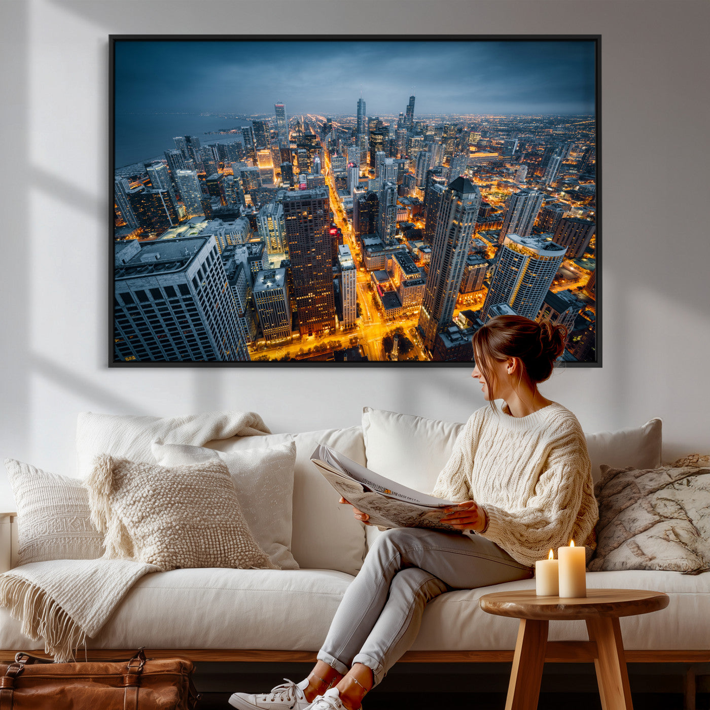 81742538-MGV-CV-36X24 - Chicago Wall Art Canvas Print, Chicago City Downtown Night Cityscape Print for Modern Urban Wall Decor