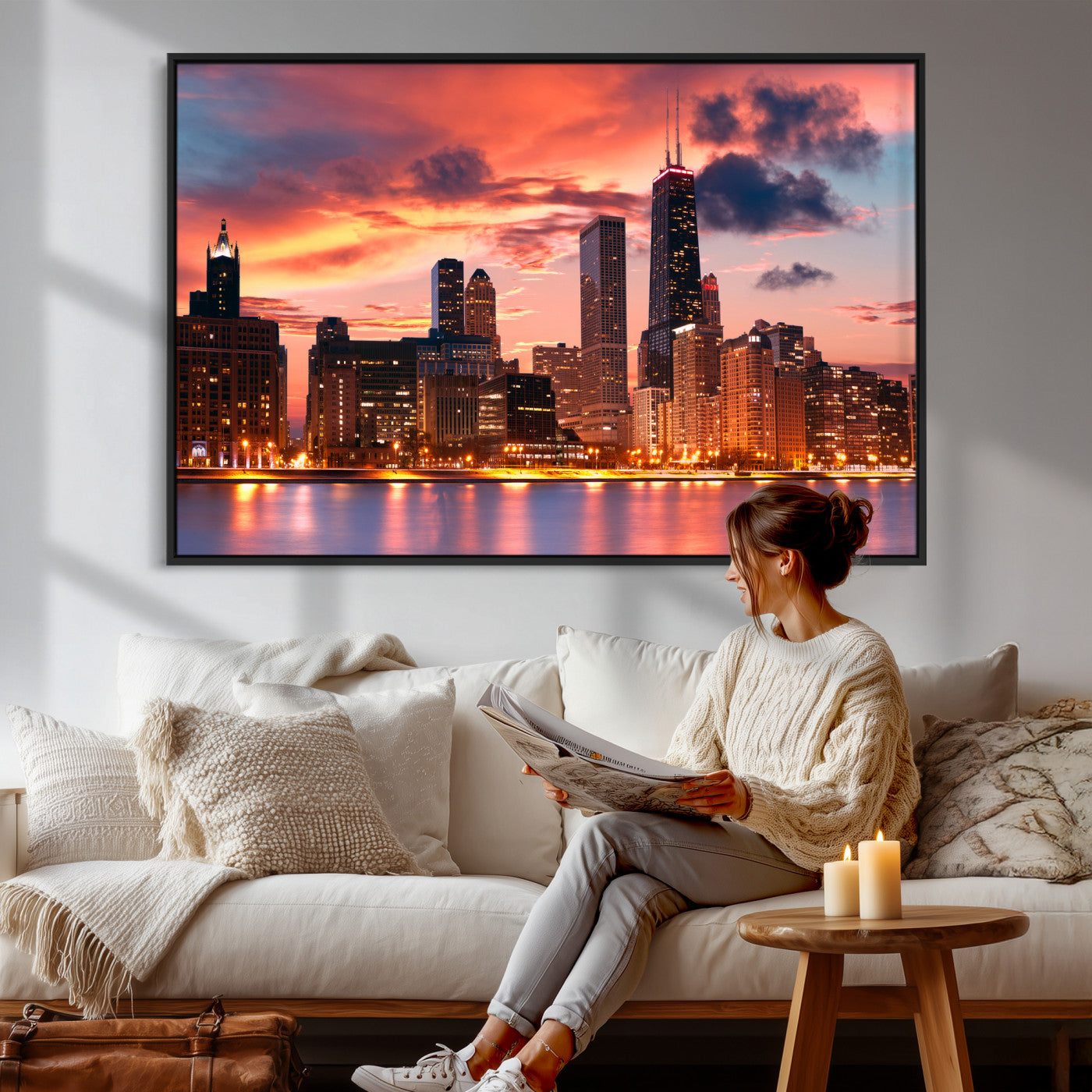 80390109-MGV-CV-36X24 - Chicago Wall Art Canvas Print, Chicago City Downtown Night Cityscape Print for Modern Urban Wall Decor