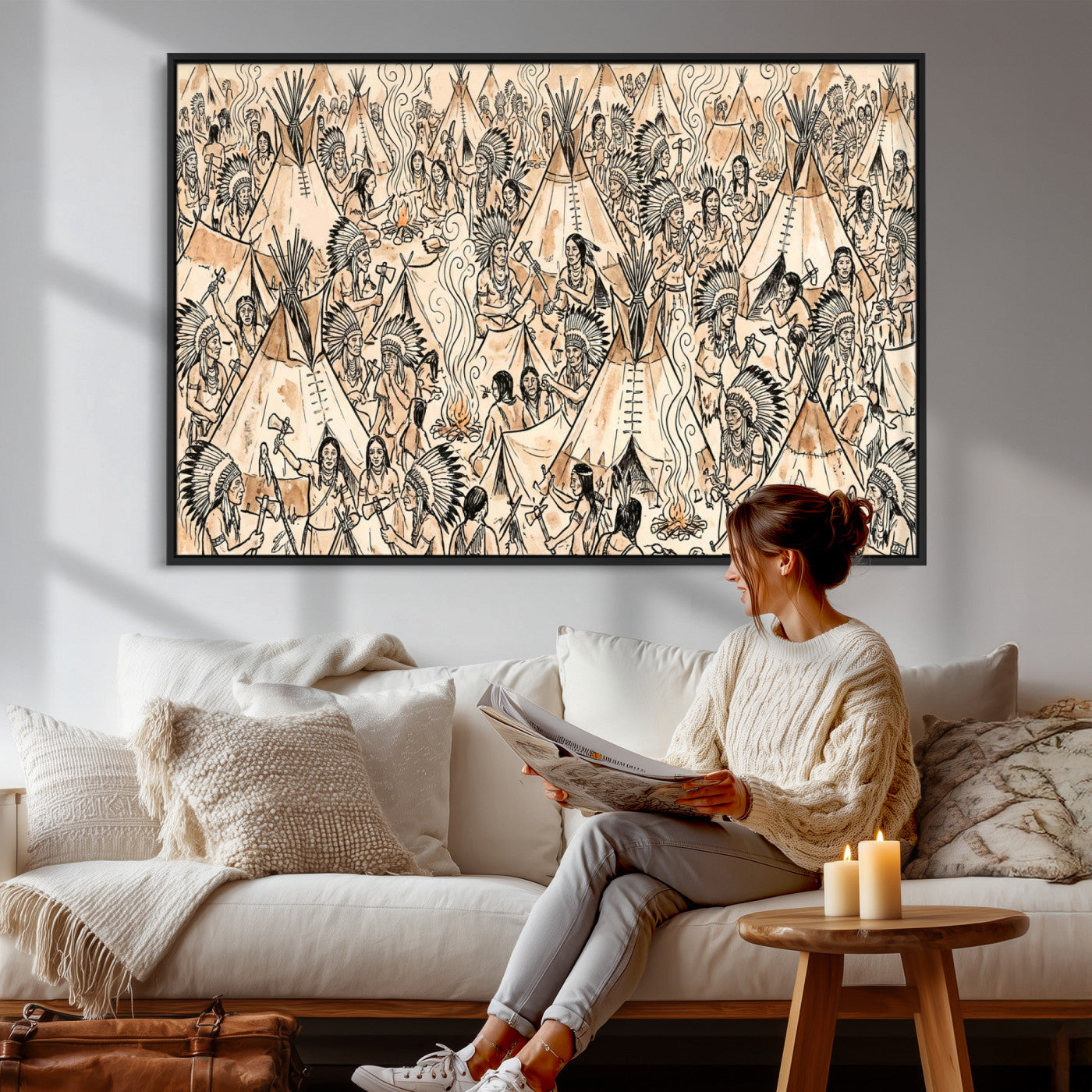 72739176-MGV-CV-36X24 - Farmhouse Animals Wall Art Canvas Print - Abstract Farm Animal Drawing Mid-Century Wall Art for Cabin Decor