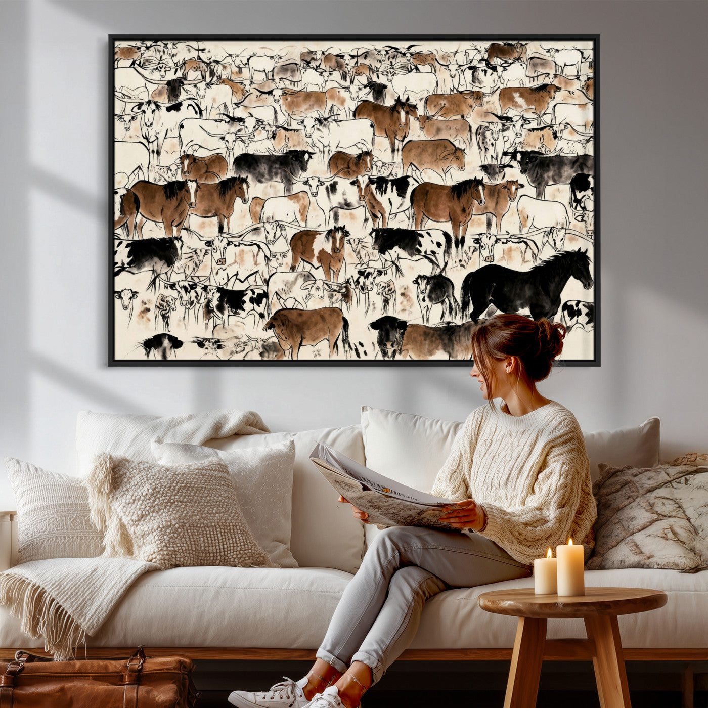 86150485-MGV-CV-36X24 - Farmhouse Animals Wall Art Canvas Print - Abstract Farm Animal Drawing Mid-Century Wall Art for Cabin Decor