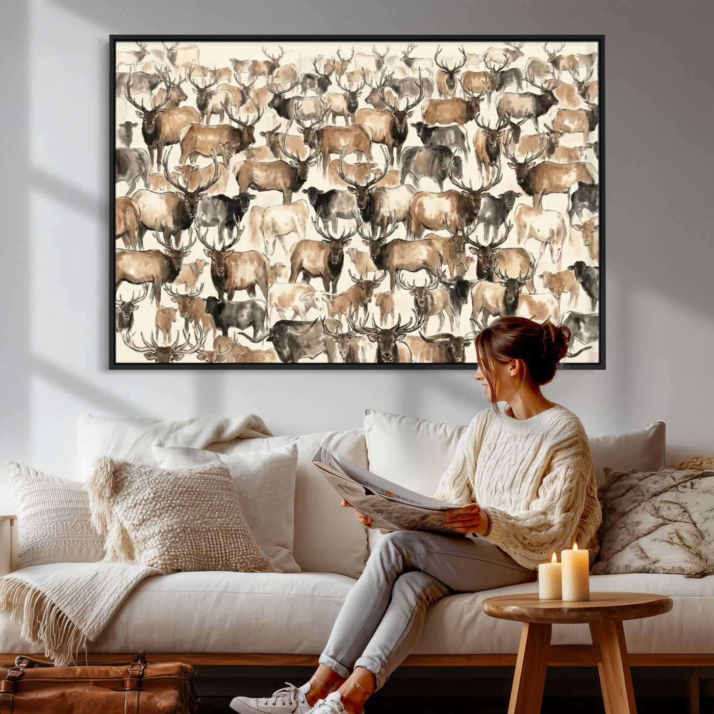 24374881-MGV-CV-36X24 - Farmhouse Animals Wall Art Canvas Print - Abstract Farm Animal Drawing Mid-Century Wall Art for Cabin Decor
