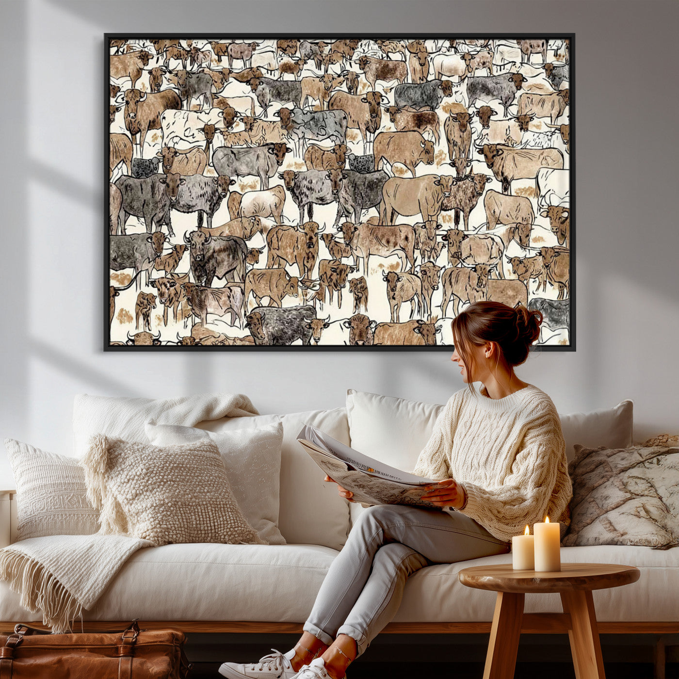 76902119-MGV-CV-36X24 - Farmhouse Animals Wall Art Canvas Print - Abstract Farm Animal Drawing Mid-Century Wall Art for Cabin Decor