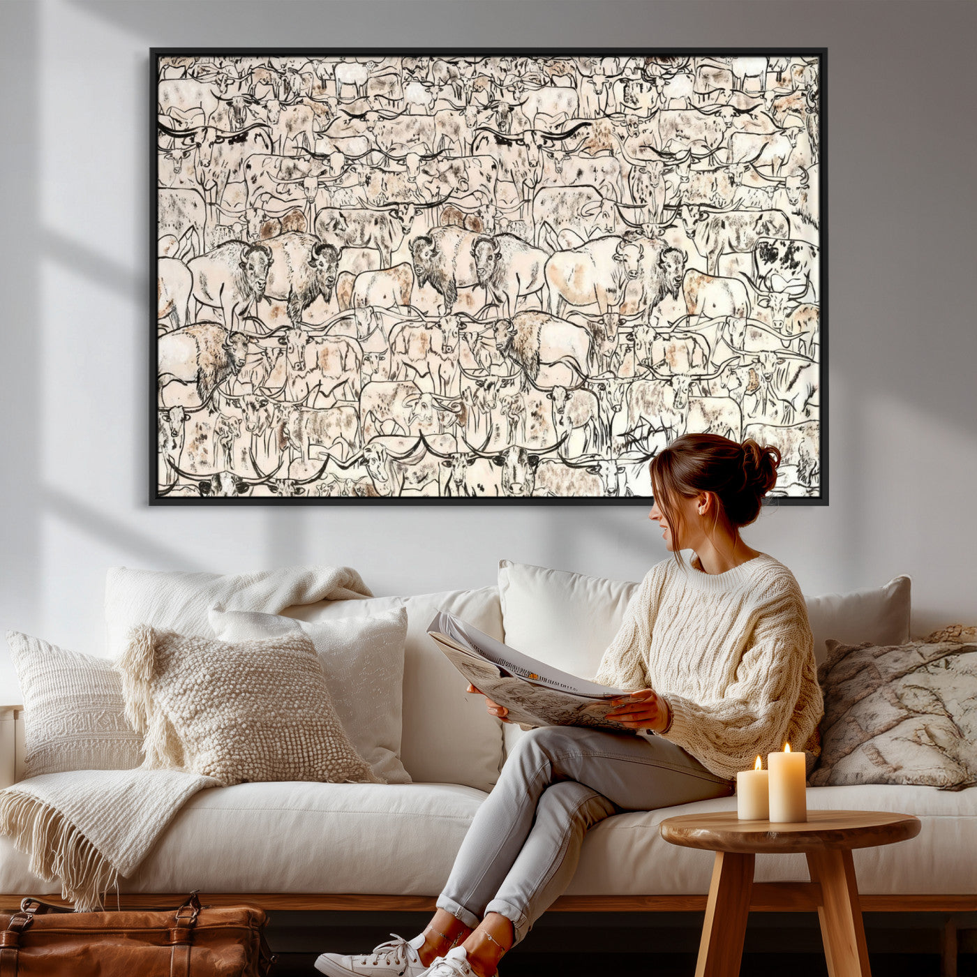 36925875-MGV-CV-36X24 - Farmhouse Animals Wall Art Canvas Print - Abstract Farm Animal Drawing Mid-Century Wall Art for Cabin Decor