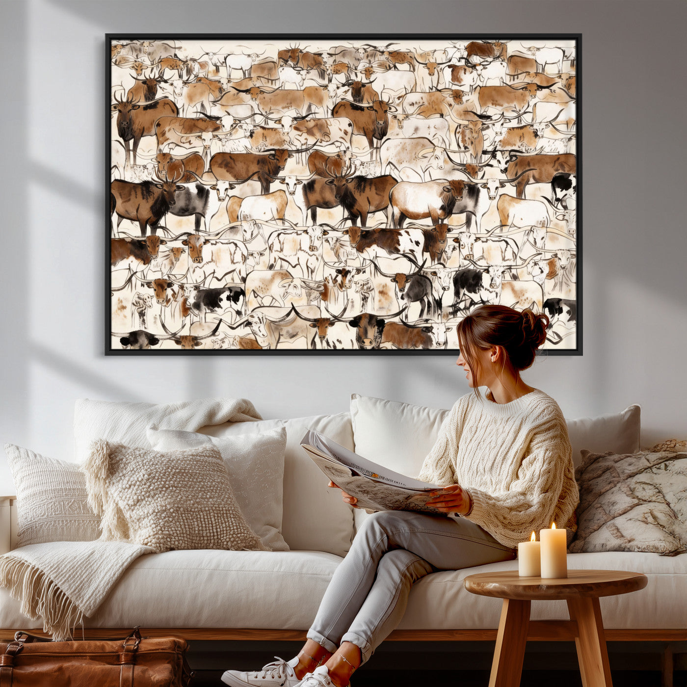 81416572-MGV-CV-36X24 - Farmhouse Animals Wall Art Canvas Print - Abstract Farm Animal Drawing Mid-Century Wall Art for Cabin Decor