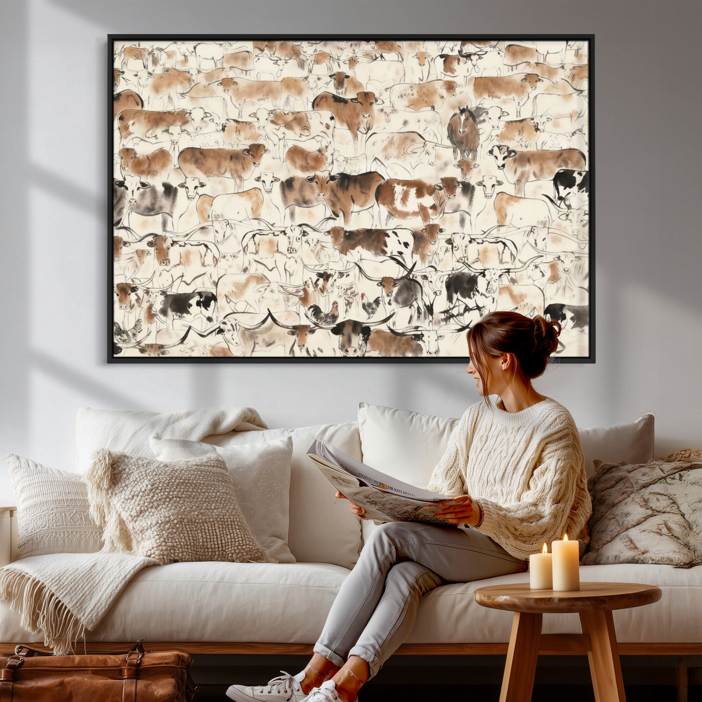 69961368-MGV-CV-36X24 - Farmhouse Animals Wall Art Canvas Print - Abstract Farm Animal Drawing Mid-Century Wall Art for Cabin Decor