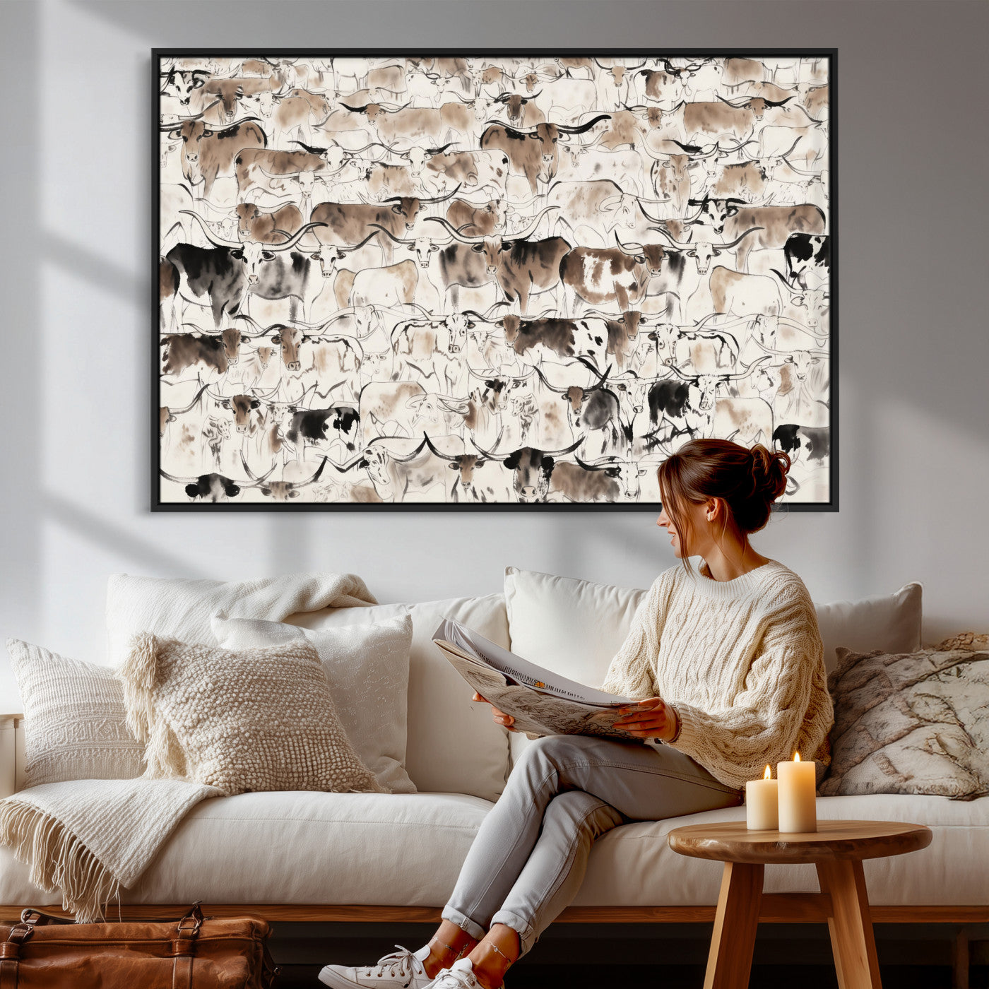 66685375-MGV-CV-36X24 - Farmhouse Animals Wall Art Canvas Print - Abstract Farm Animal Drawing Mid-Century Wall Art for Cabin Decor