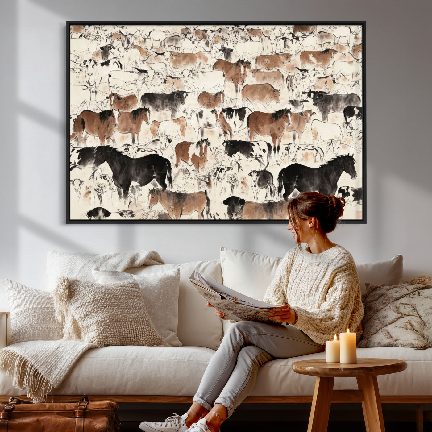 74171578-MGV-CV-36X24 - Farmhouse Animals Wall Art Canvas Print - Abstract Farm Animal Drawing Mid-Century Wall Art for Cabin Decor