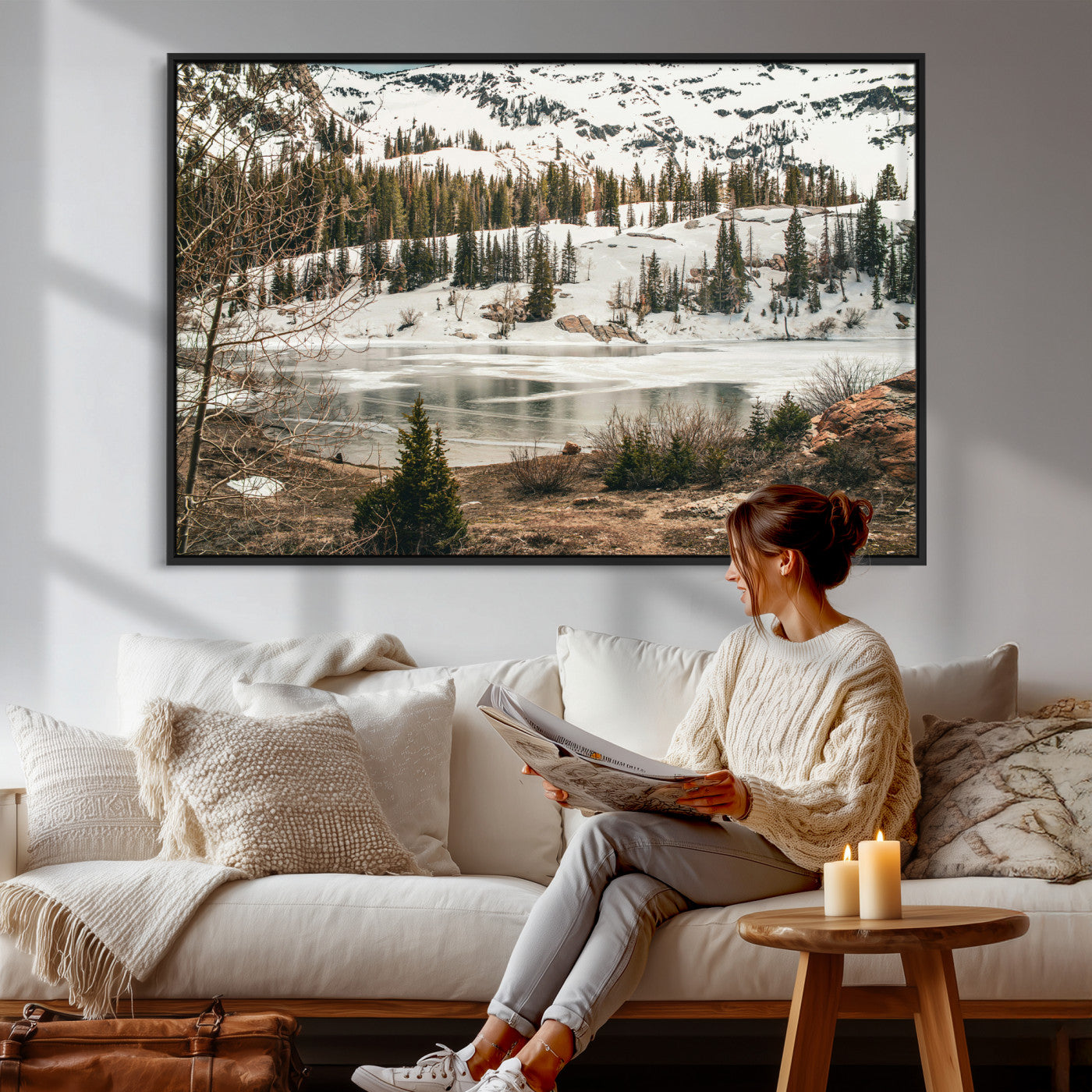 10336249-MGV-CV-36X24 - Snowy Mountain Landscape Wall Art Canvas Print, Alpine Pine Forest Winter Nature Wall Decor for Living Room and Office