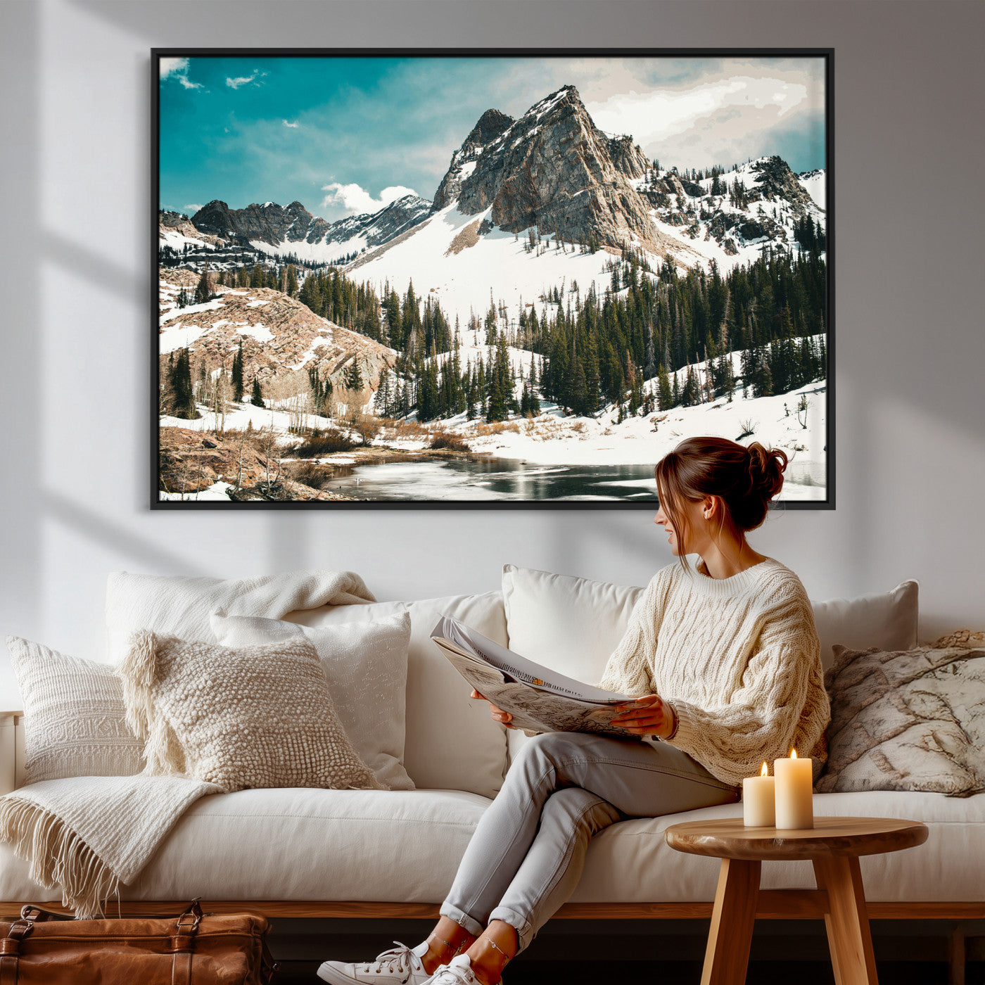 56837070-MGV-CV-36X24 - Snowy Mountain Landscape Wall Art Canvas Print, Alpine Pine Forest Winter Nature Wall Decor for Living Room and Office