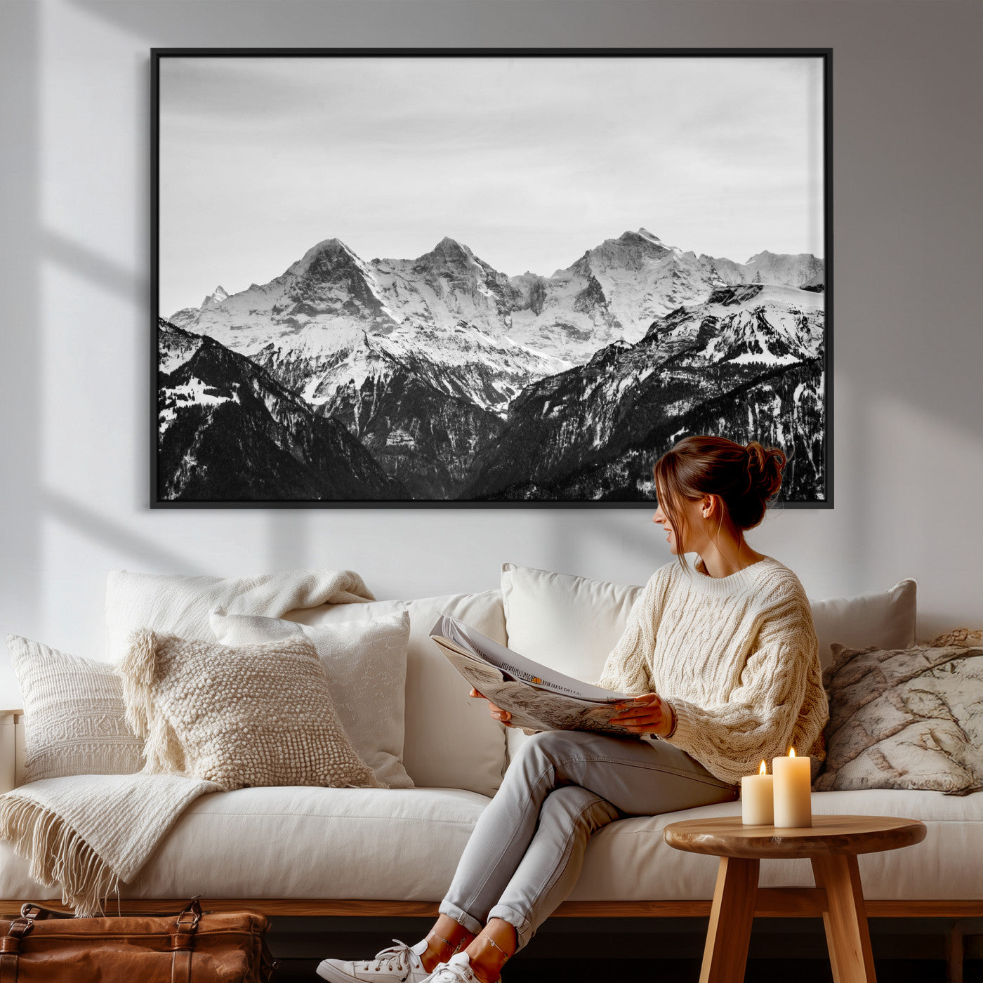 85684934-MGV-CV-36X24 - Black and White Mountain Wall Art Canvas Print, Snowy Alpine Peaks Landscape Photography, Minimal Monochrome Mountain Art, Scenic Nature Wall Decor