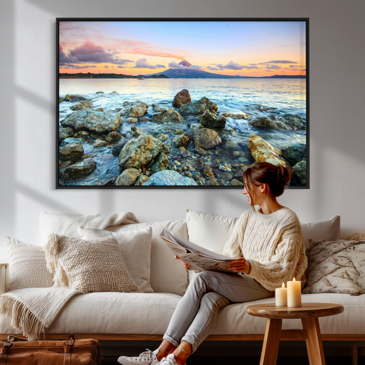 46869511-MGV-CV-36X24 - Mayon Volcano Seascape Landscape Wall Art Canvas Print, Tropical Ocean Shore Mountain Canvas Print, Philippines Coastal Scenic Art Printing