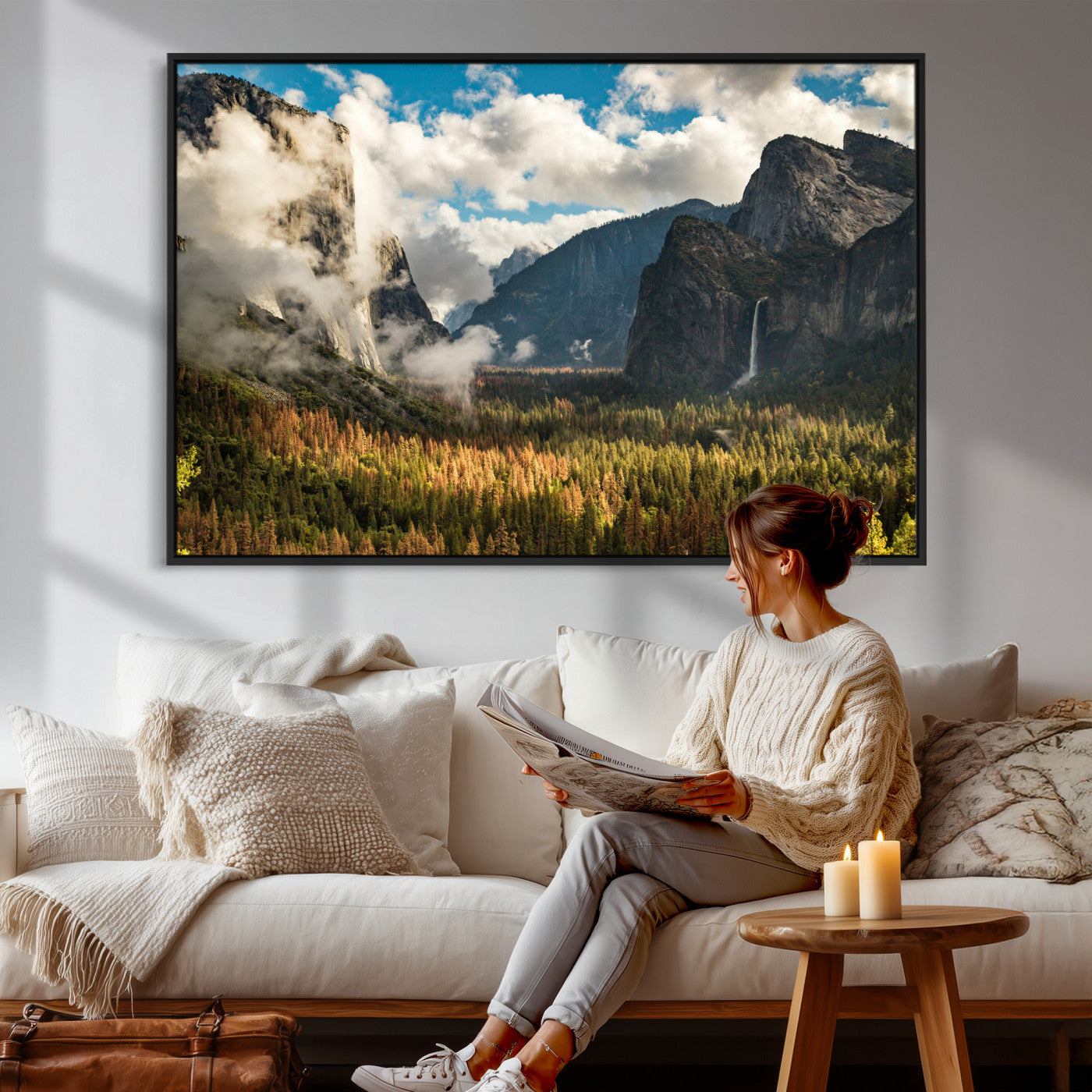 18271001-MGV-CV-36X24 - Yosemite Valley River Landscape Wall Art Canvas Print, Granite Cliffs Forest River Canvas Print, California National Park Moody Scenic Art Printi