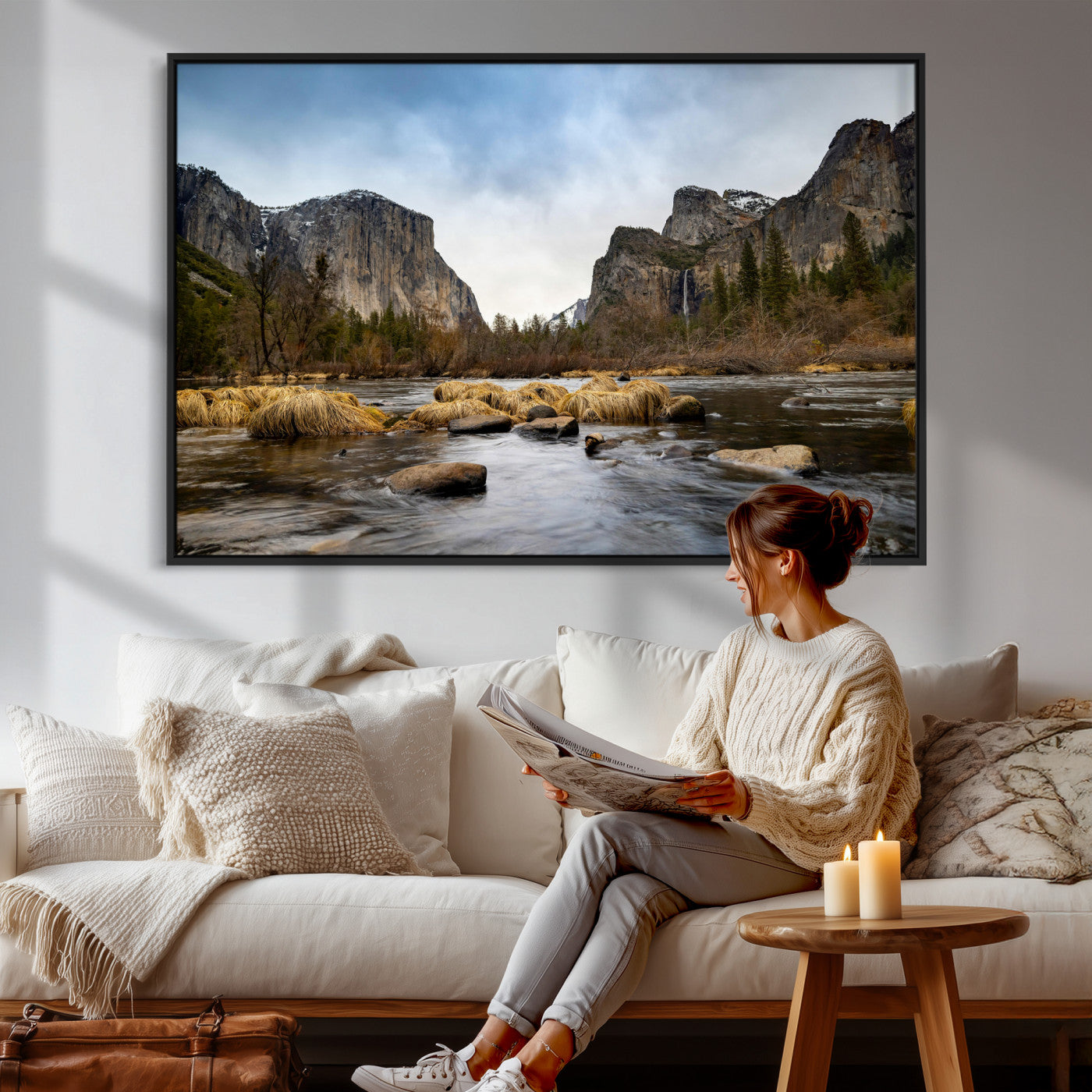 20458404-MGV-CV-36X24 - Yosemite Valley Mountain Landscape Wall Art Canvas Print, Granite Cliff Forest Valley Canvas Print, California National Park Scenic Art Printing