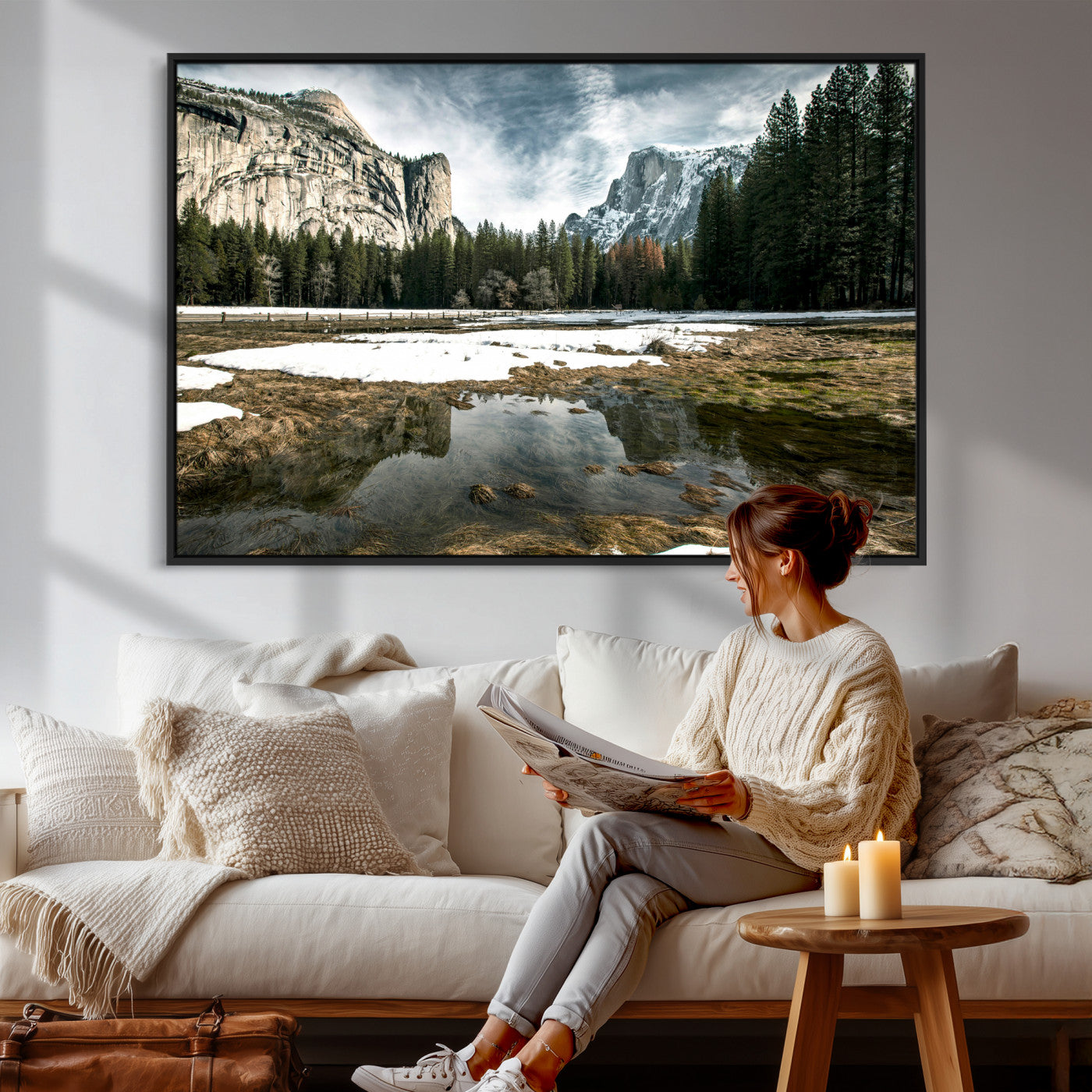 14527348-MGV-CV-36X24 - Yosemite Valley Mountain Landscape Wall Art Canvas Print, Granite Cliff Forest Valley Canvas Print, California National Park Scenic Art Printing