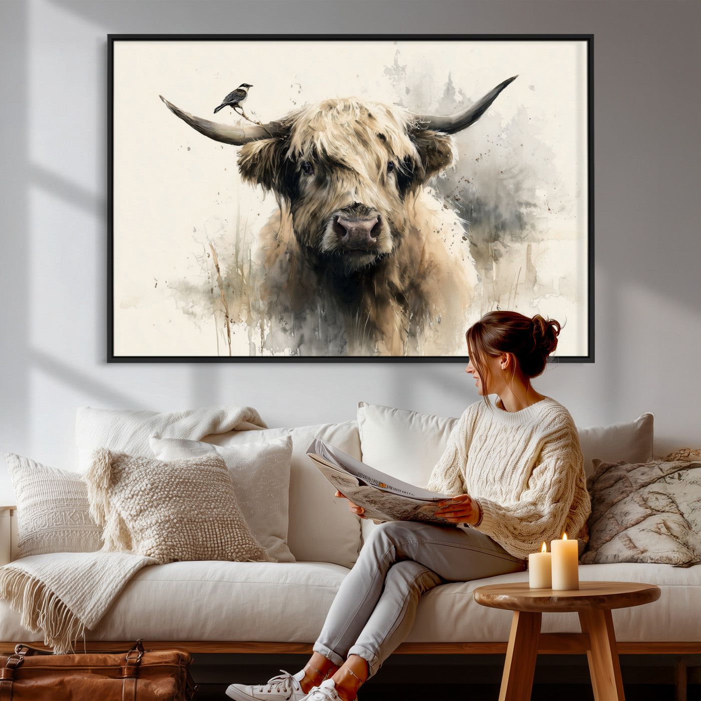 98249290-MGV-CV-36X24 - Abstract Highland Cow Watercolor Animal Wall Art Canvas Print, Rustic Farm Cattle Portrait Canvas Print, Neutral Wildlife Farmhouse Art Printing