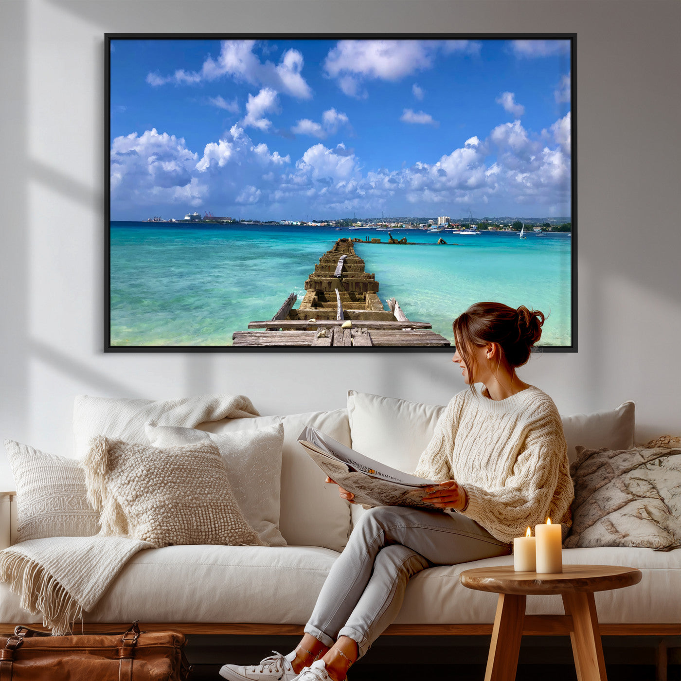 43165024-MGV-CV-36X24 - Caribbean Ocean Pier Seascape Wall Art Canvas Print, Turquoise Sea Tropical Harbor Canvas Print, Island Coastal Blue Water Scenic Art Printing