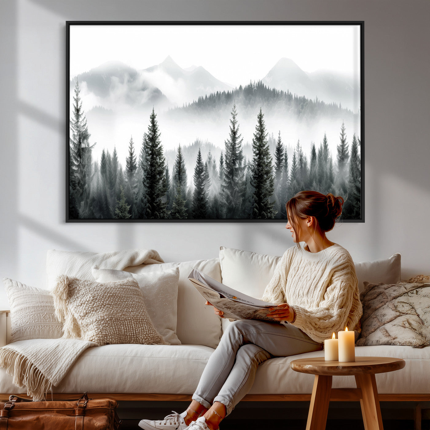 38819032-MGV-CV-36X24 - Misty Pine Forest Mountain Landscape Wall Art Canvas Print, Foggy Evergreen Trees Minimal Nature Canvas Print, Monochrome Wilderness Scenic Art Printing
