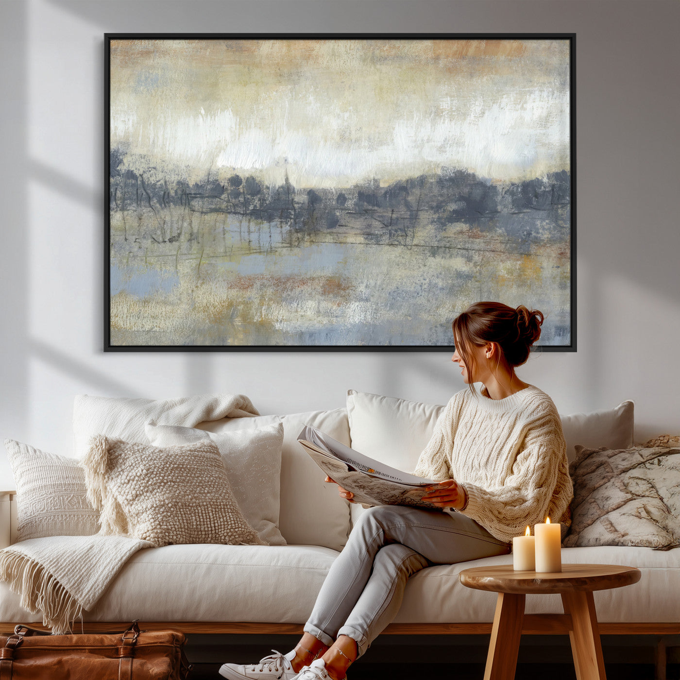 73973590-MGV-CV-36X24 - Abstract Neutral Landscape Painting Wall Art Canvas Print, Modern Minimal Texture Horizon Canvas Print, Beige Gray Contemporary Abstract Art Printing