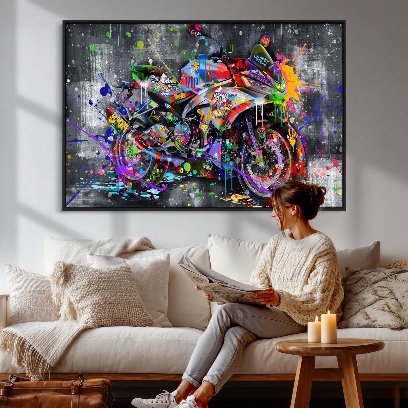 83021767-MGV-CV-36X24 - Graffiti Motorcycle Wall Art Canvas Print, Urban Street Art Motorbike Decor, Colorful Graffiti Sports Bike Artwork