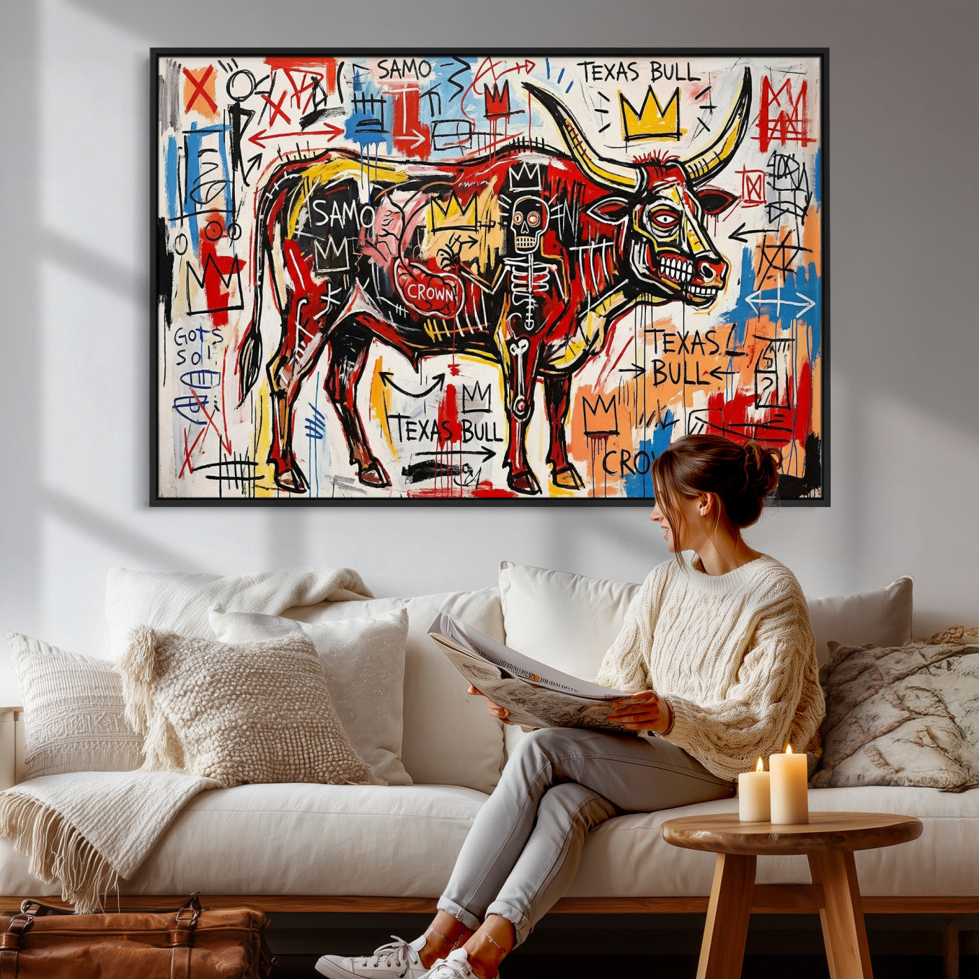 89504579-MGV-CV-36X24 - TITLE: Texas Bull Wall Art Canvas Print, Abstract Graffiti Bull Painting, Western Animal Art, Modern Ranch Decor