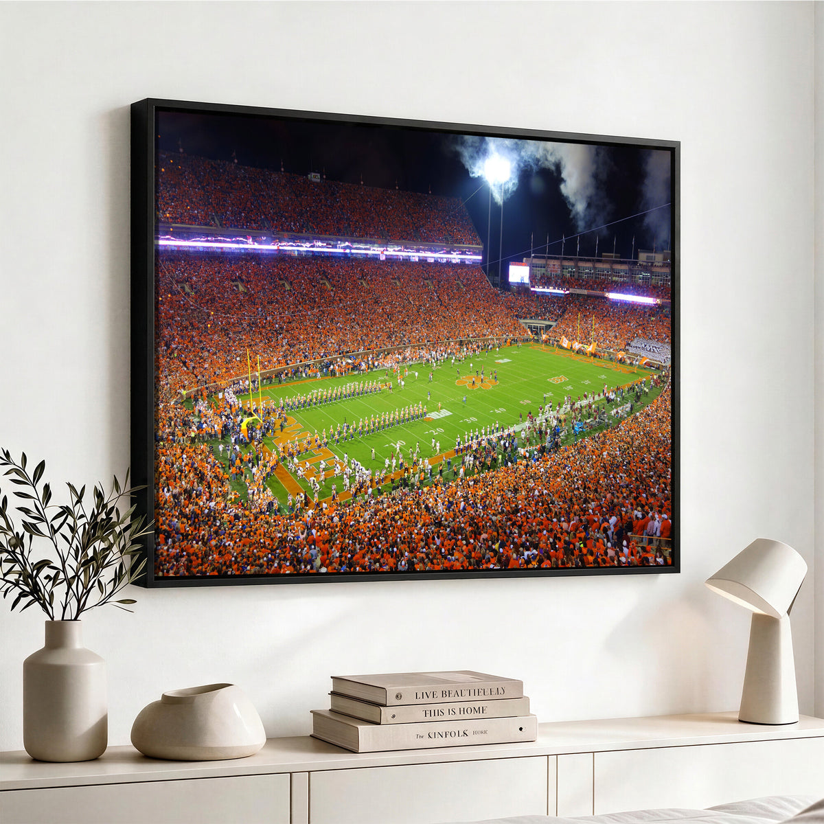 43662631-MGV-CV-36X24 - Clemson Football Stadium Wall Art Canvas Print, College Football Crowd Night Game Scene, Orange Stadium Panorama Wall Decor