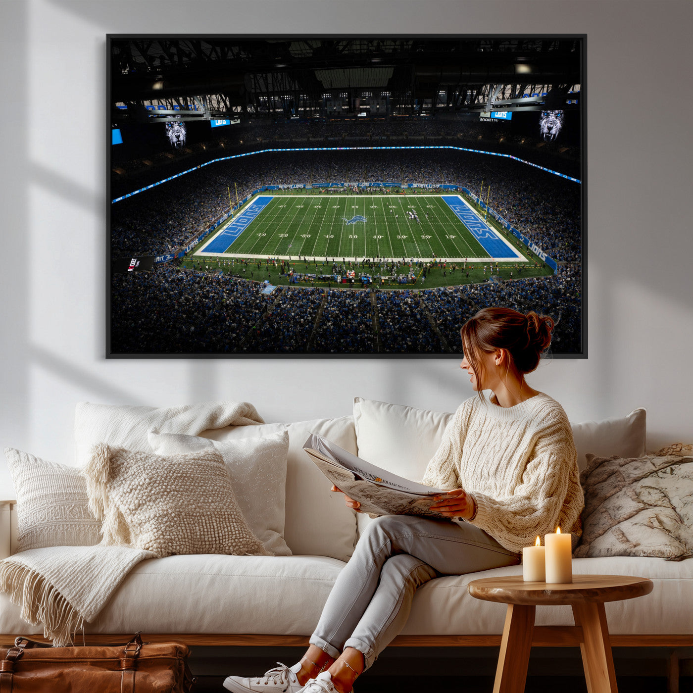 16709602-MGV-CV-36X24 - Detroit Lions Stadium Wall Art Canvas Print, Football Field Panorama Artwork, NFL Game Night Stadium Decor