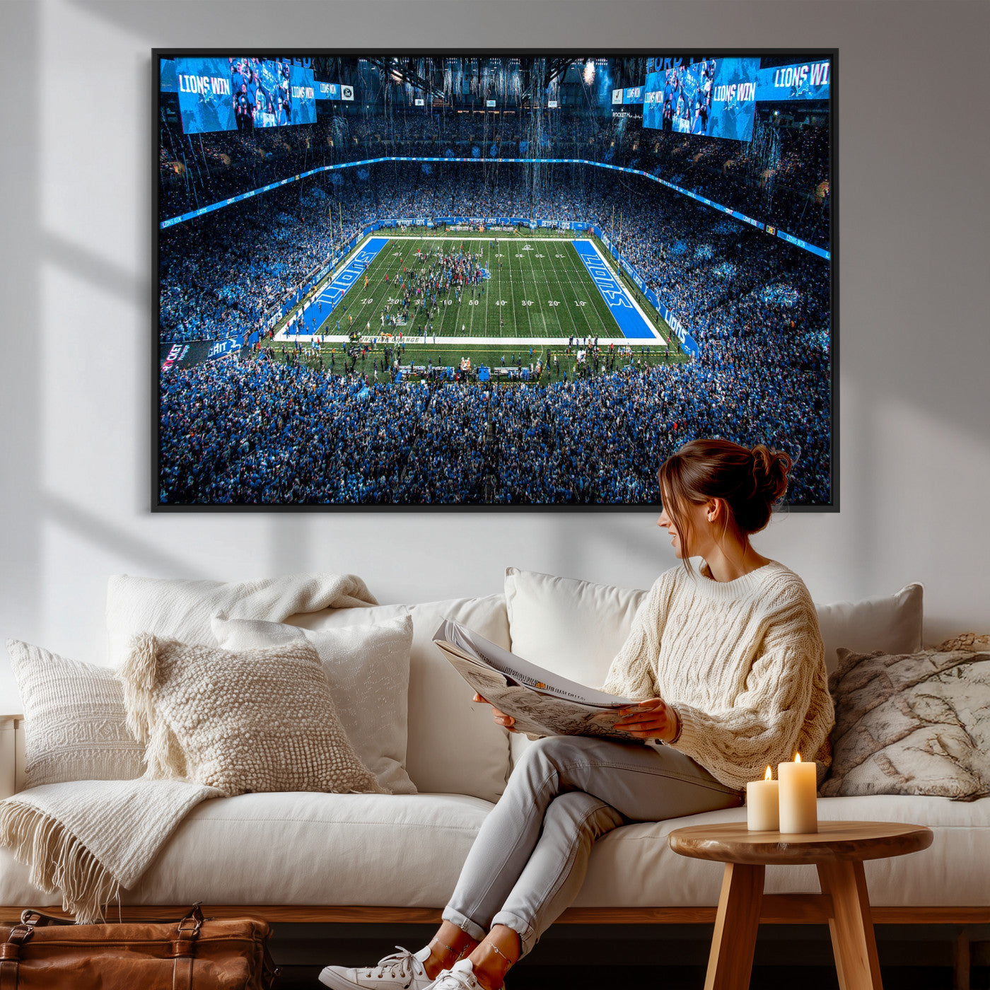 80882005-MGV-CV-36X24 - Detroit Lions Stadium Wall Art Canvas Print, Football Field Panorama Artwork, NFL Game Night Stadium Decor