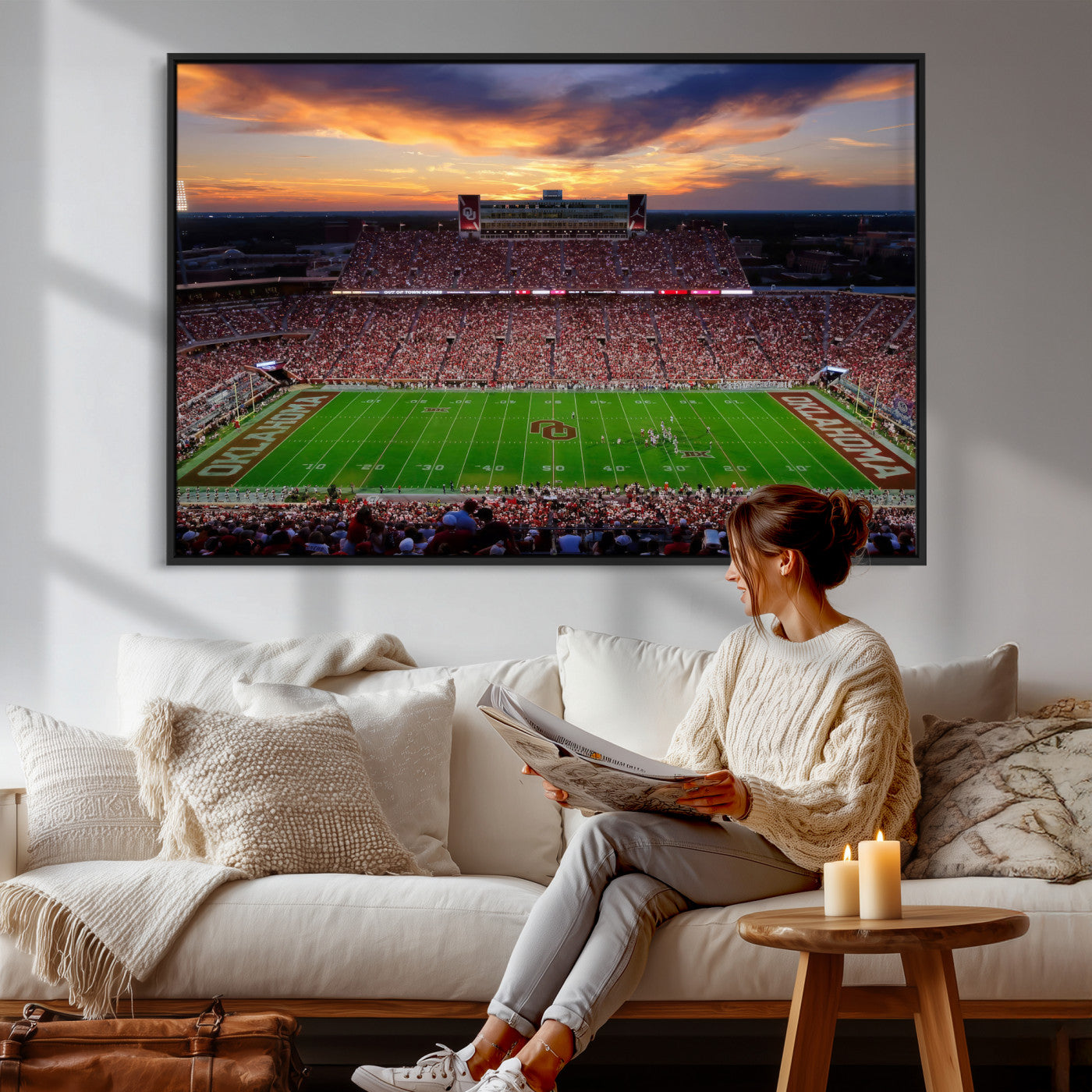 51457497-MGV-CV-36X24 - Oklahoma Sooners Stadium Wall Art Canvas Print, College Football Sunset Game Scene, OU Football Field Panorama Wall Decor