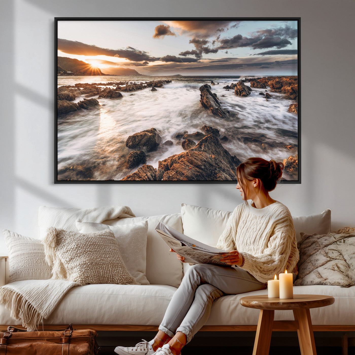 66746024-MGV-CV-36X24 - Rocky Coast Ocean Sunset Wall Art Canvas Print, Dramatic Seascape Nature Wall Decor for Living Room and Office