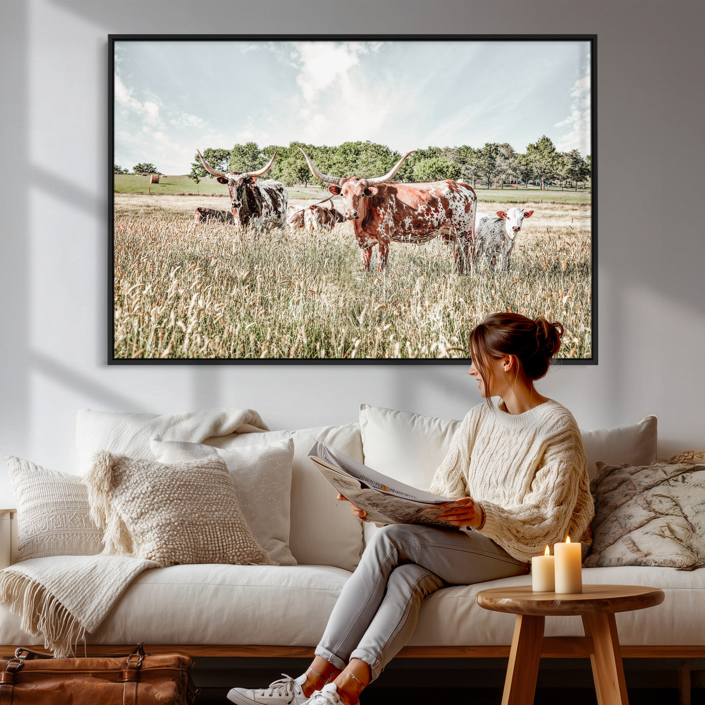 33963645-MGV-CV-36X24 - Texas Longhorn Cattle Wall Art Canvas Print, Western Ranch Landscape Nature Wall Decor for Living Room and Office