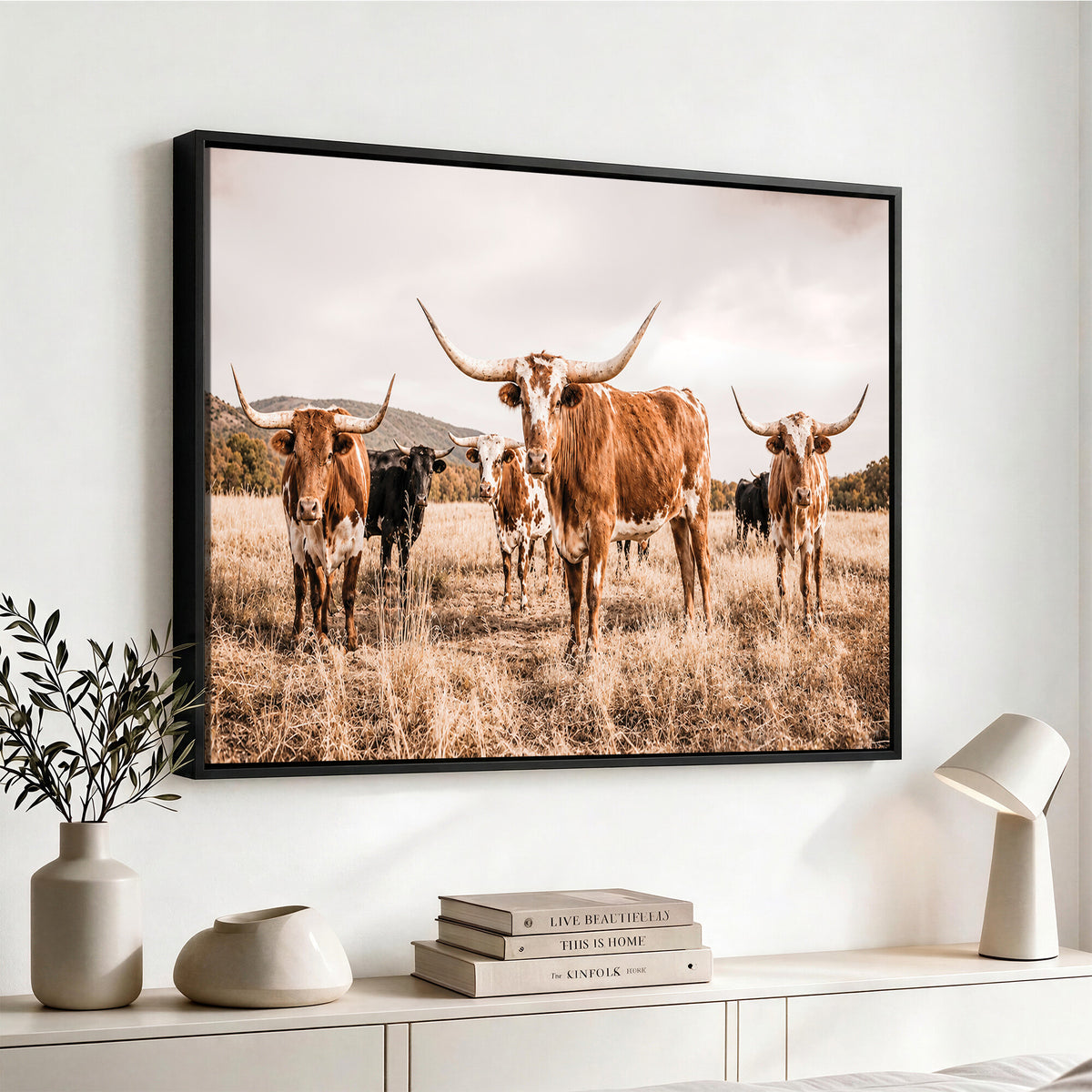 27539727-MGV-CV-36X24 - Texas Longhorn Cattle Wall Art Canvas Print, Sepia Western Decor