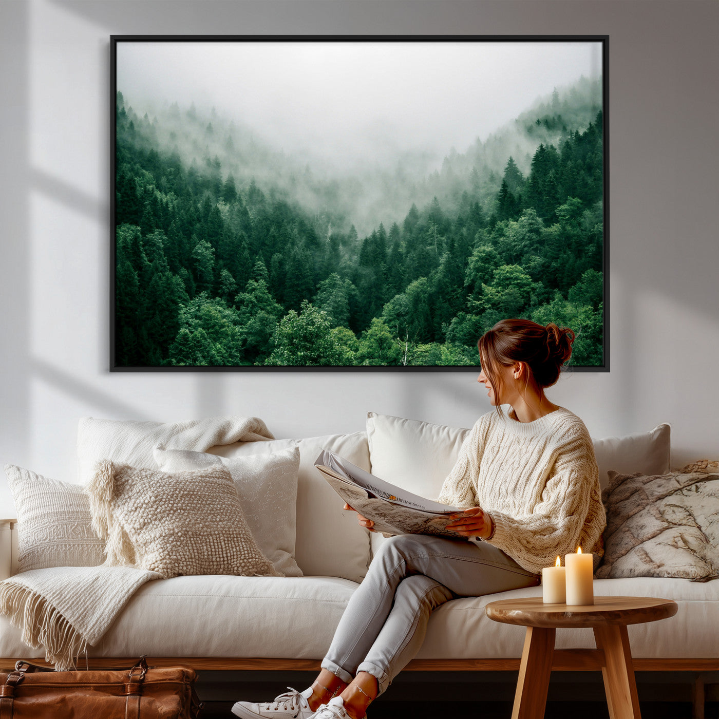 61640815-MGV-CV-36X24 - Misty Pine Forest Wall Art Canvas Print, Foggy Evergreen Landscape Wall Decor, Moody Green Nature Artwork, Minimal Forest Canvas Wall Art, Framed Canvas Wall Art Ready to Hang