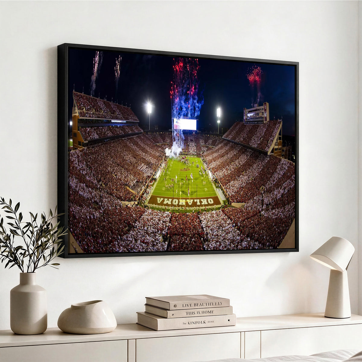 43197777-MGV-CV-36X24 - Oklahoma Memorial Stadium Wall Art Canvas Print – Oklahoma Sooners Football Artwork for Home, Office, and Sports Room Decor