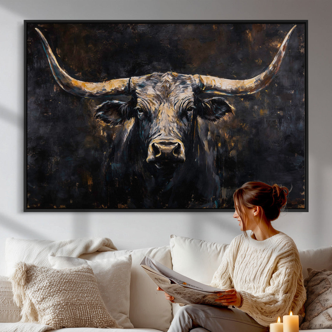 17622011-MGV-CV-36X24 - Abstract Longhorn Bull Wall Art Canvas Print – Dark Rustic Western Cattle Artwork for Farmhouse, Ranch, Cabin, and Office Decor