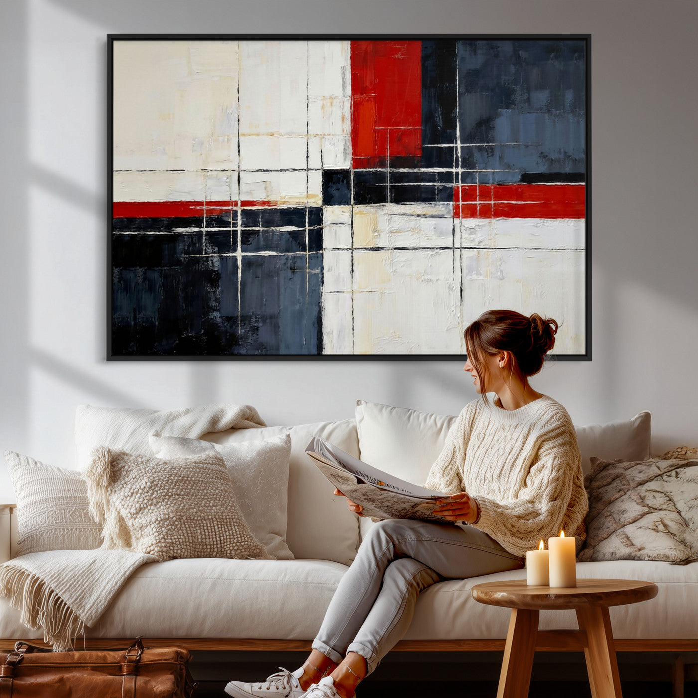 44088165-MGV-CV-36X24 - Navy Red Abstract Wall Art Canvas Print, Modern Luxury Geometric Painting Wall Decor for Living Room and Office