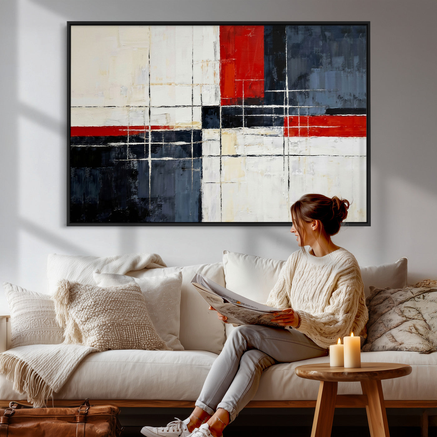 11921181-MGV-CV-36X24 - Navy Red Abstract Wall Art Canvas Print, Modern Luxury Geometric Painting Wall Decor for Living Room and Office