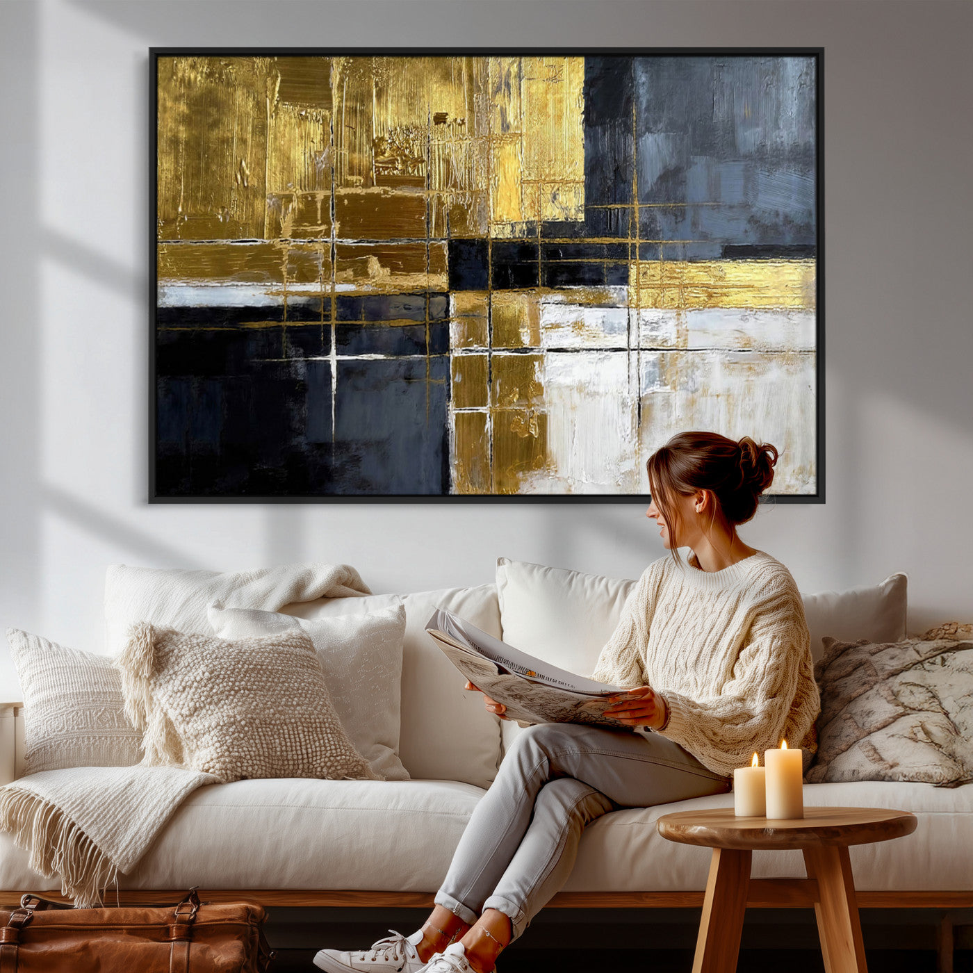 76917030-MGV-CV-36X24 - Gold Navy Abstract Wall Art Canvas Print, Modern Luxury Geometric Painting Wall Decor for Living Room and Office