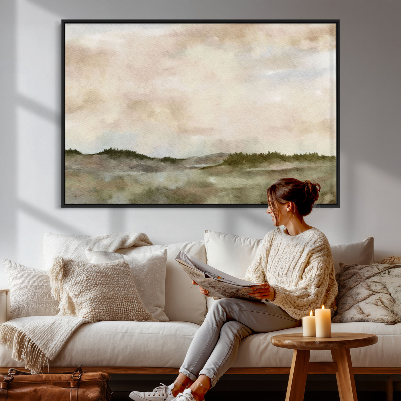 13578069-MGV-CV-36X24 - Abstract Landscape Wall Art Canvas Print, Watercolor Pastoral Landscape Painting Wall Decor for Modern Farmhouse Interiors