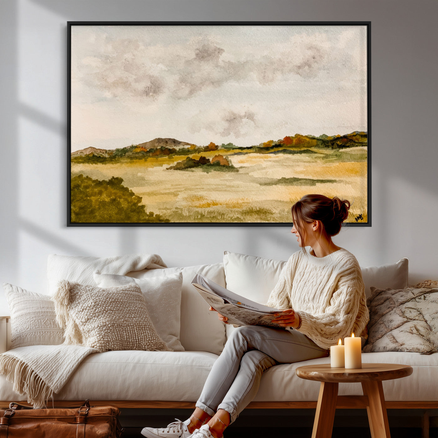 94151004-MGV-CV-36X24 - Watercolor Abstract Countryside Wall Art Canvas Print, Neutral Pastoral Landscape Painting Wall Decor for Modern Farmhouse Interiors