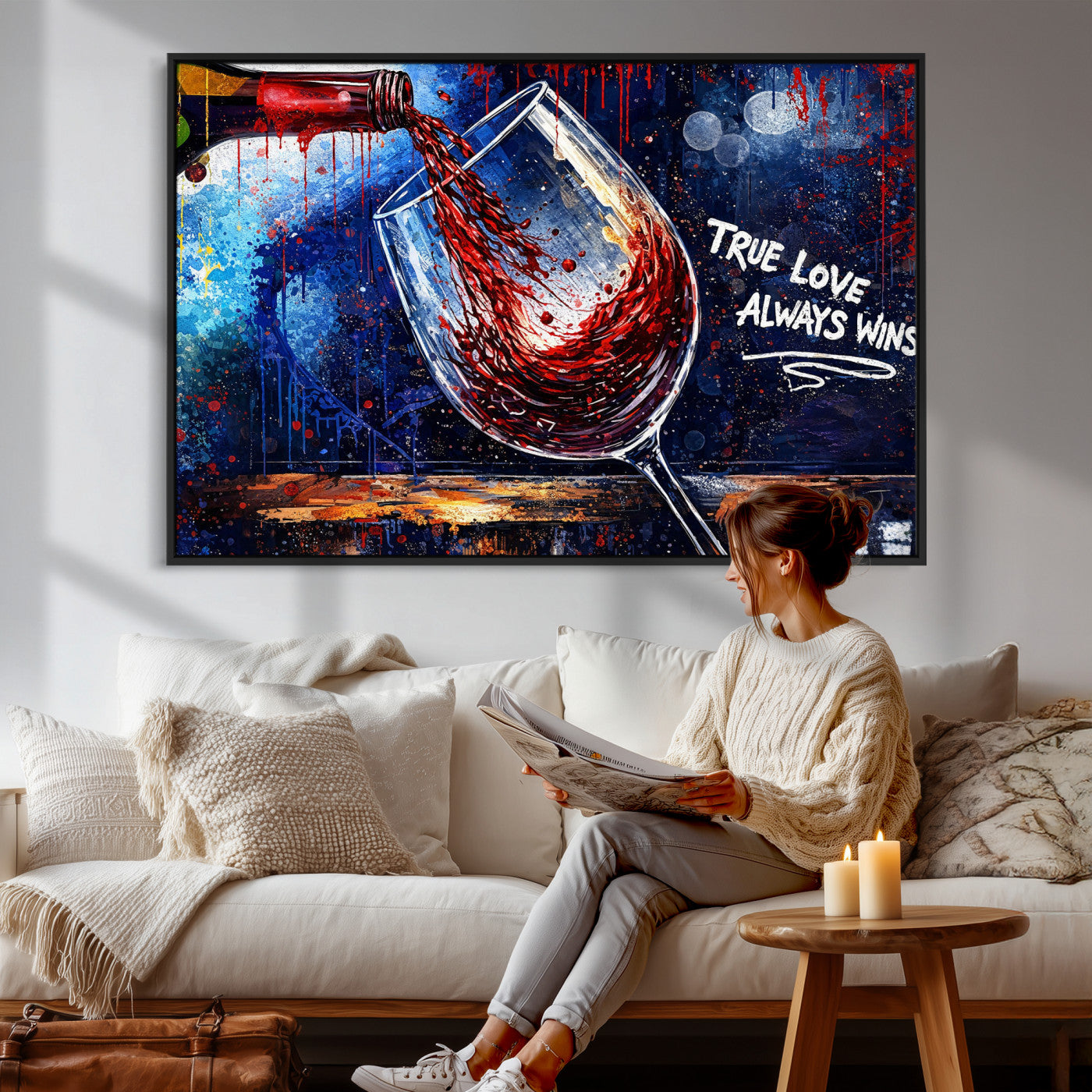 88788932-MGV-CV-36X24 - Red Wine Splash Abstract Wall Art Canvas Print, Modern Wine Glass Painting Canvas Print, Romantic Quote Contemporary Bar Art Print