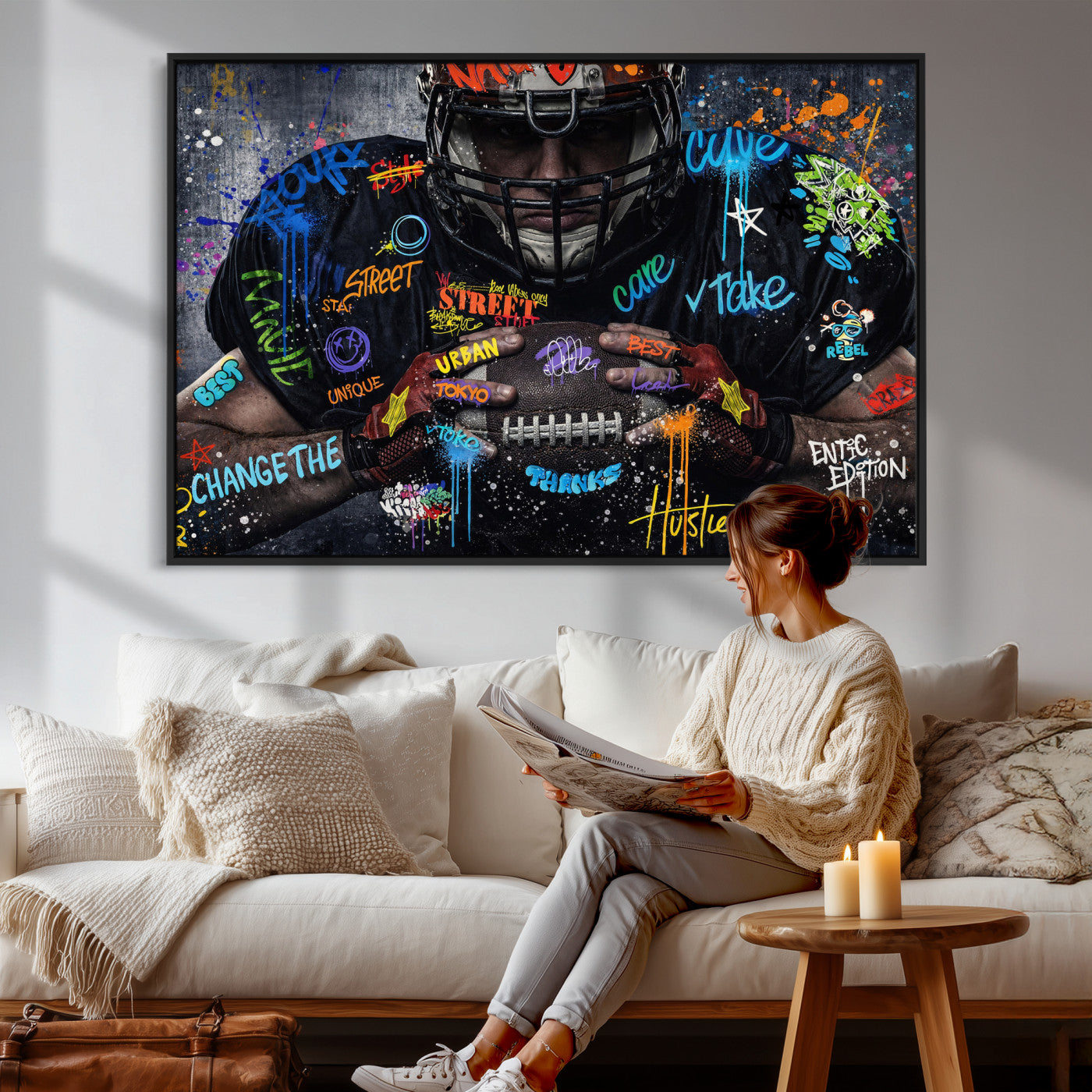 55267256-MGV-CV-36X24 - Graffiti American Football Player Street Art Wall Art Canvas Print, Urban Sports Pop Art Football Canvas Print, Modern Athletic Graffiti Contemporary Art Printing
