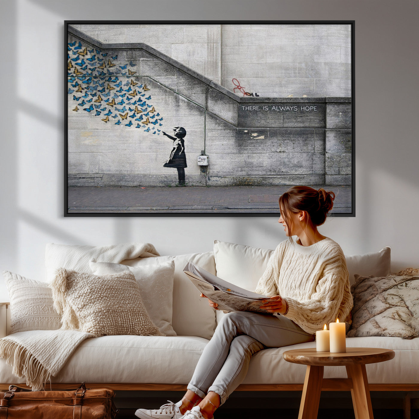 15274223-MGV-CV-36X24 - Banksy Girl with Butterflies Street Art Wall Art Canvas Print, Hope Graffiti Urban Art Canvas Print, Minimalist Inspirational Street Art Contemporary Art Printing