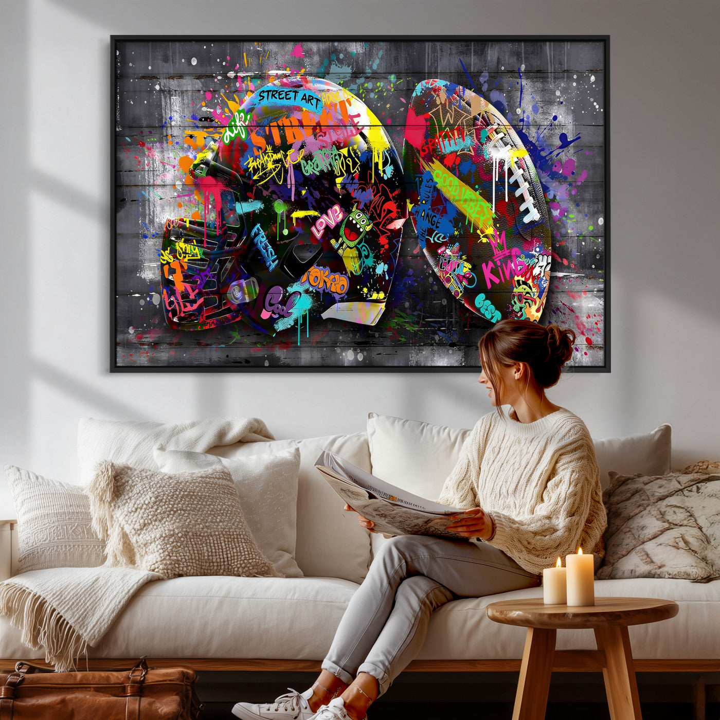 80540773-MGV-CV-36X24 - Graffiti American Football Helmet Street Art Wall Art Canvas Print, Urban Sports Pop Art Football Canvas Print, Colorful Graffiti Sports Contemporary Art Printing