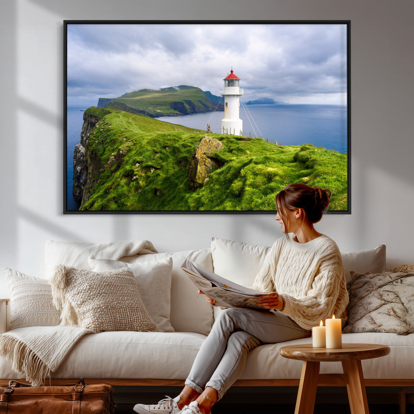 10680390-MGV-CV-36X24 - Coastal Lighthouse Wall Art Canvas Print, Cliffside Ocean Landscape Canvas Print, Scandinavian Coastal Decor for Living Room