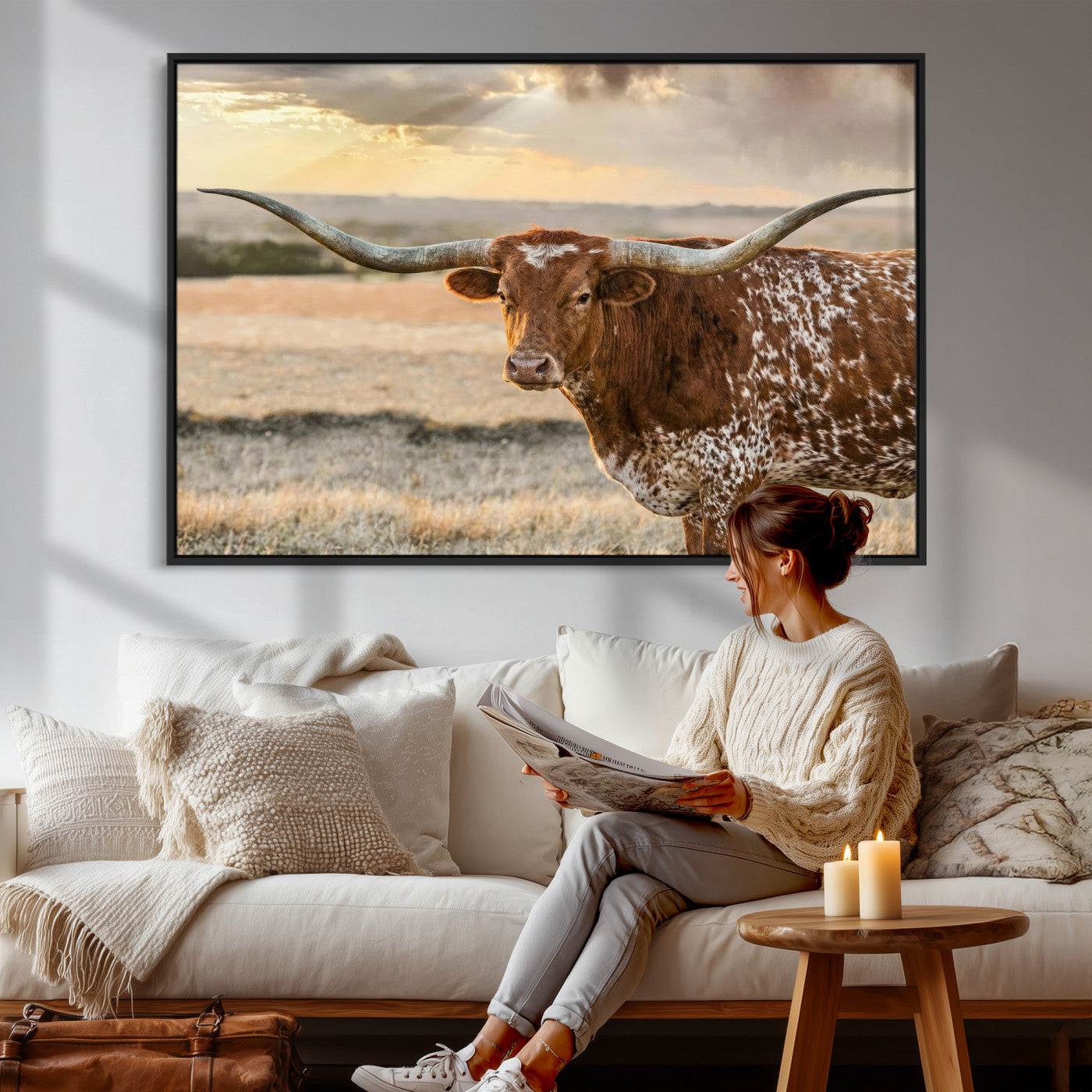 16502384-MGV-CV-36X24 - Texas Longhorn Wall Art Canvas Print, Western Ranch Bull Photography Canvas Print, Rustic Farmhouse Cattle Artwork for Living Room Decor