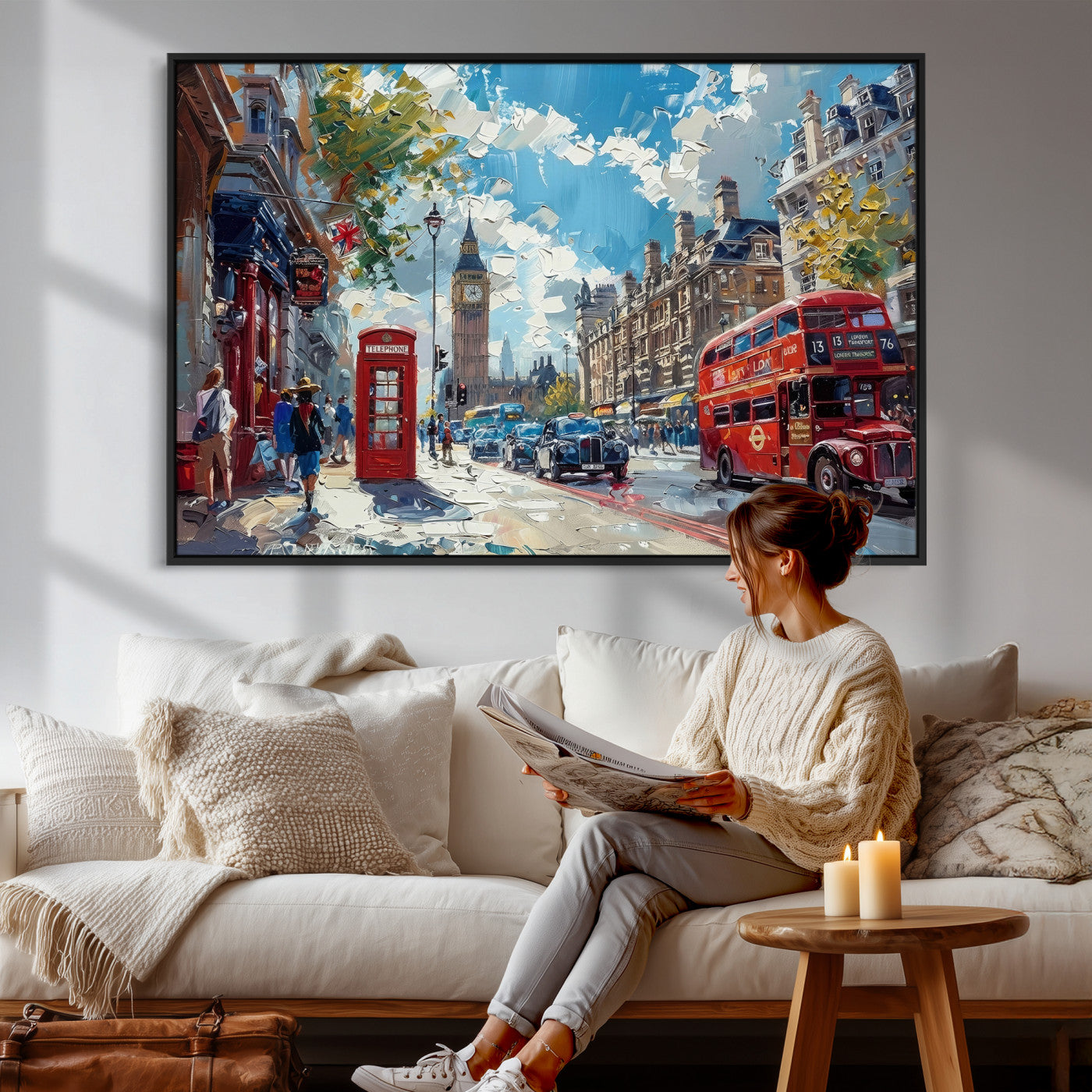 17630888-MGV-CV-36X24 - Modern London City Street Wall Art Canvas Print, Big Ben & Red Bus Artwork Canvas Print